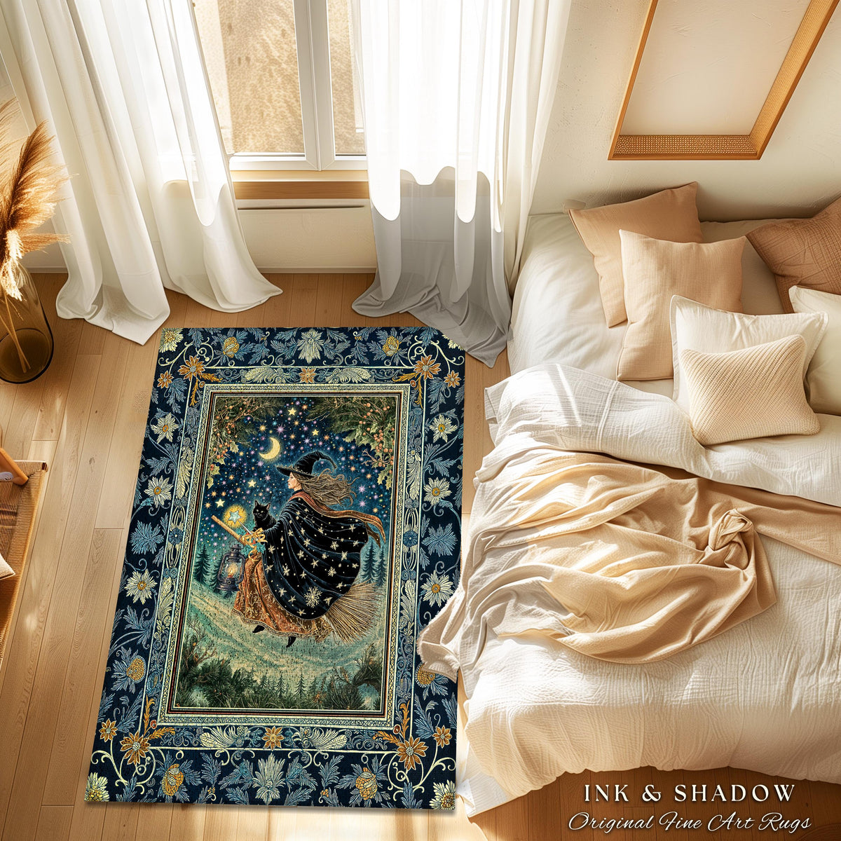 Nostalgic Storybook Witch Rug | Gothic Home Accent Enchanted Black Cat Magic Dark Academia Broomstick Moonlit Decor Throw Ethereal Bedroom