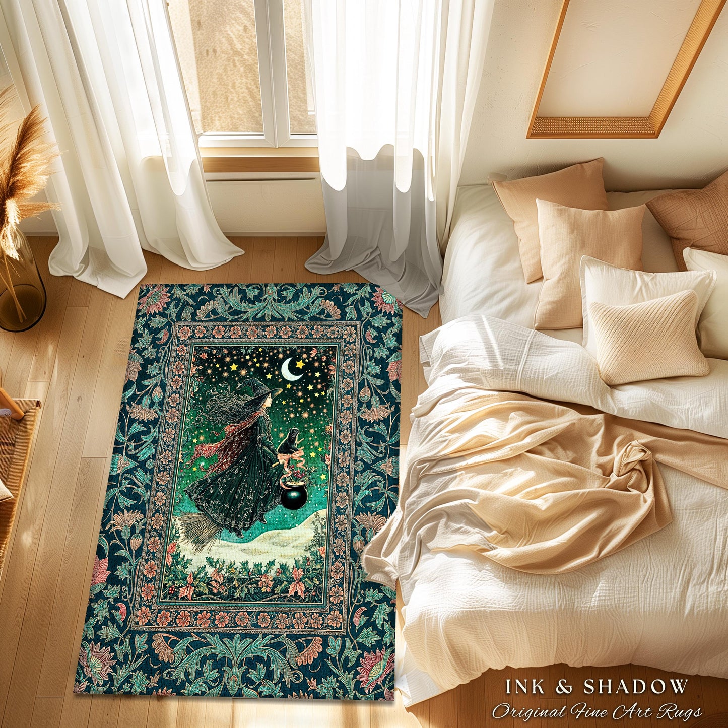 Magic Landscape Winter Witch Rug | Moonlit Ethereal Witchy Bedroom Accent Gothic Decor Moon Black Cat Whimsical Folklore Cottagecore Style