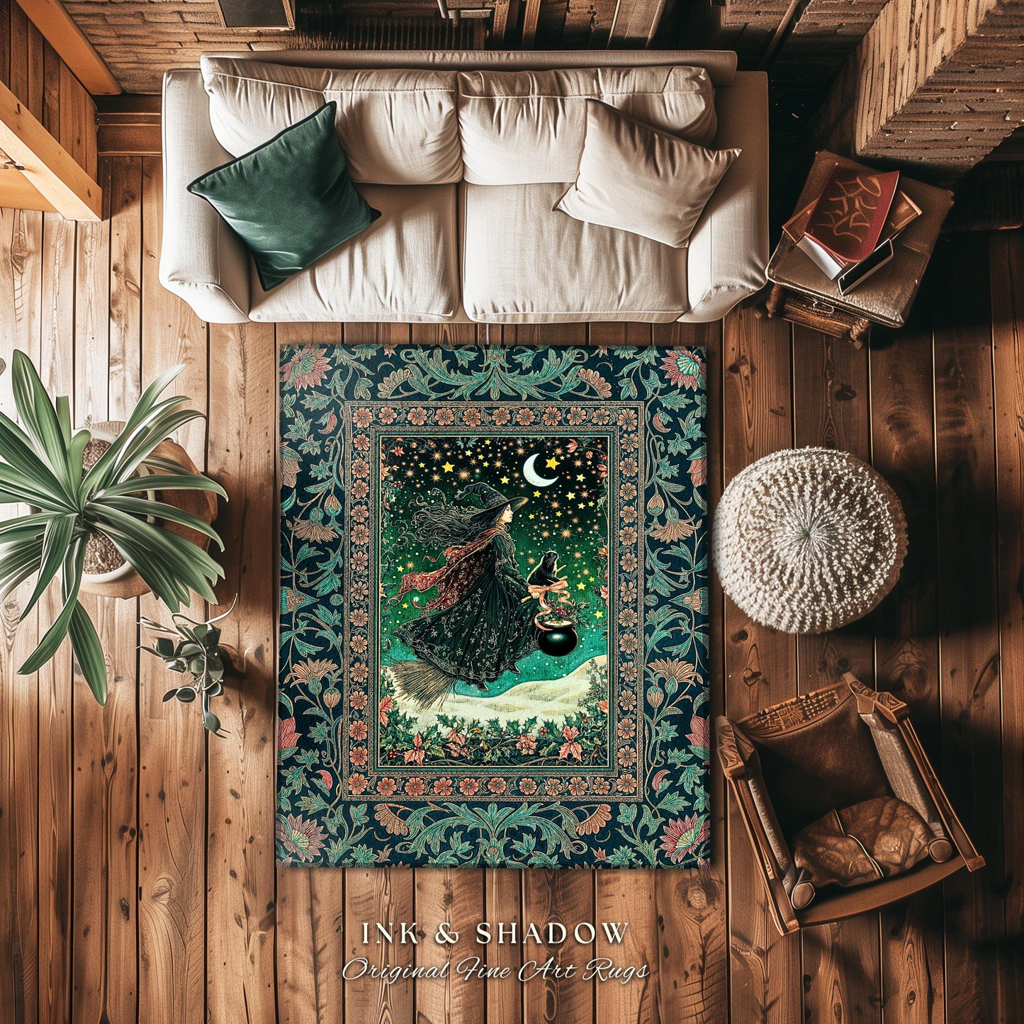 Magic Landscape Winter Witch Rug | Moonlit Ethereal Witchy Bedroom Accent Gothic Decor Moon Black Cat Whimsical Folklore Cottagecore Style