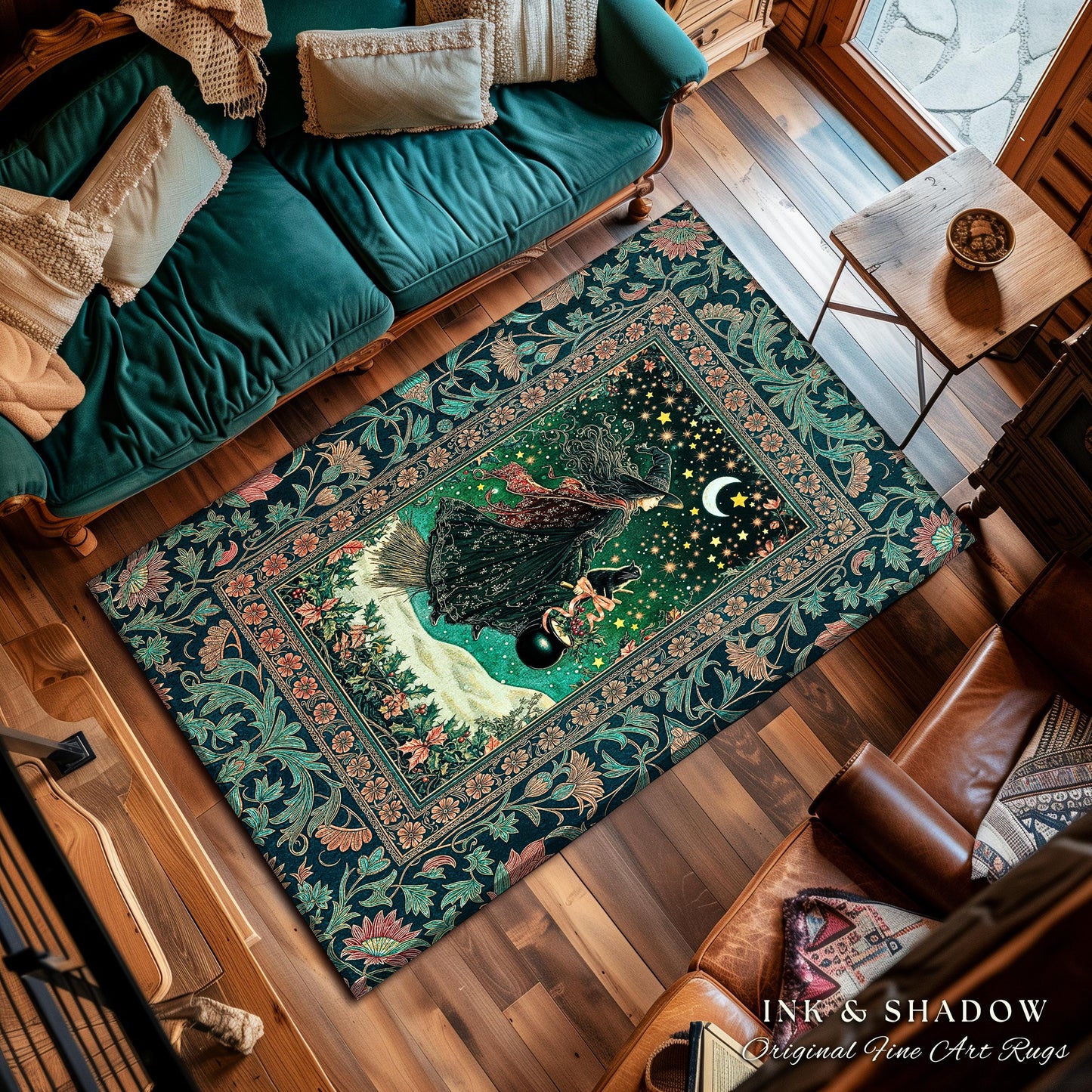 Magic Landscape Winter Witch Rug | Moonlit Ethereal Witchy Bedroom Accent Gothic Decor Moon Black Cat Whimsical Folklore Cottagecore Style