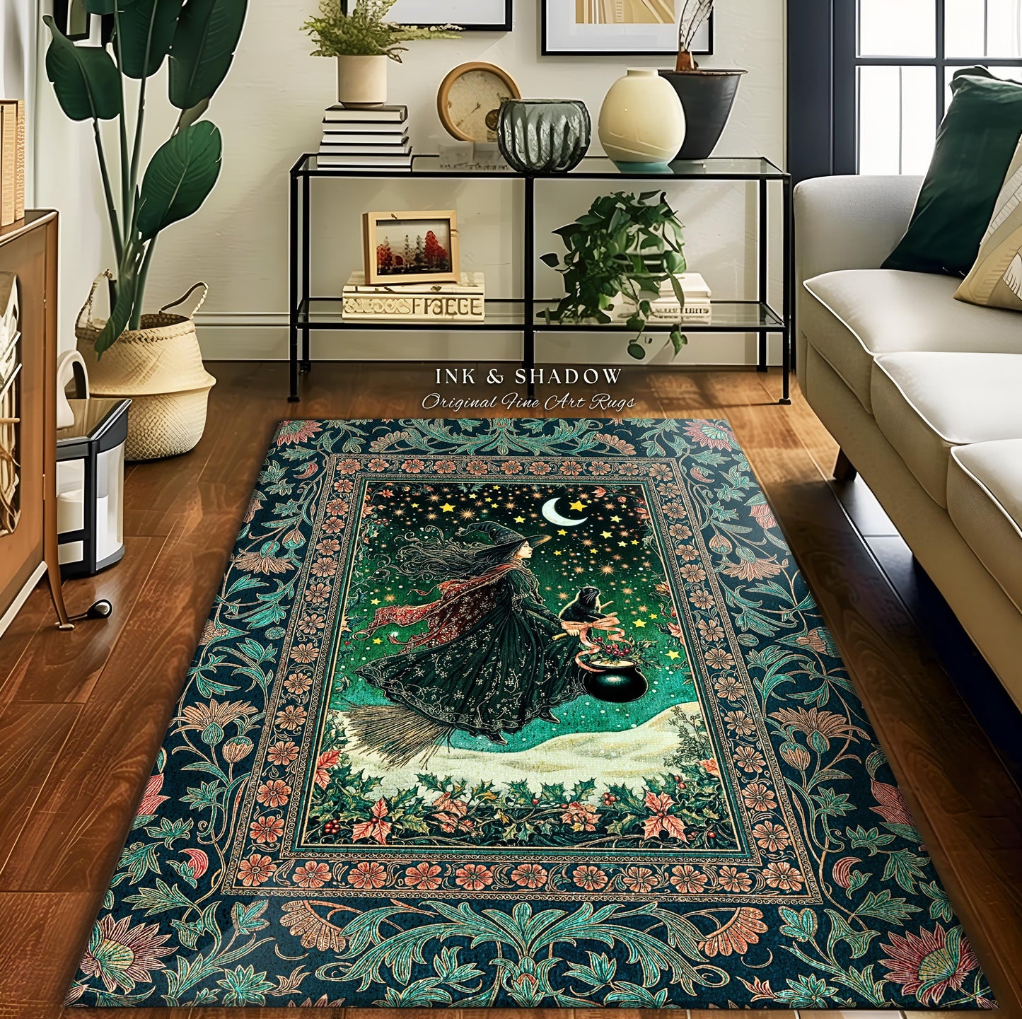 Magic Landscape Winter Witch Rug | Moonlit Ethereal Witchy Bedroom Accent Gothic Decor Moon Black Cat Whimsical Folklore Cottagecore Style