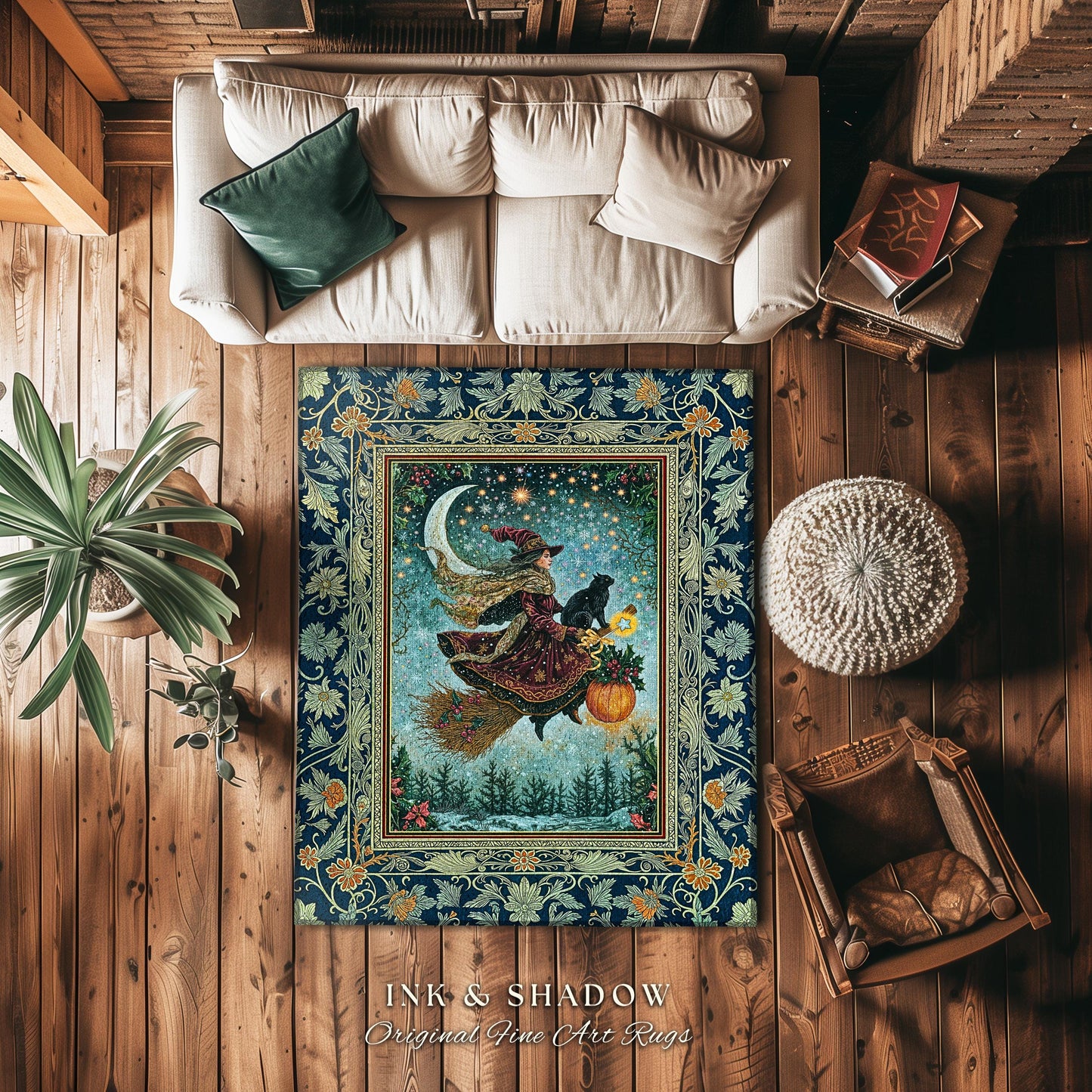 Pumpkin Witch Winter Accent Rug | Mystical Gothic Decor Black Cat Broomstick Spooky Season Botanical Moon Stars Winter Whimsigoth Style Room
