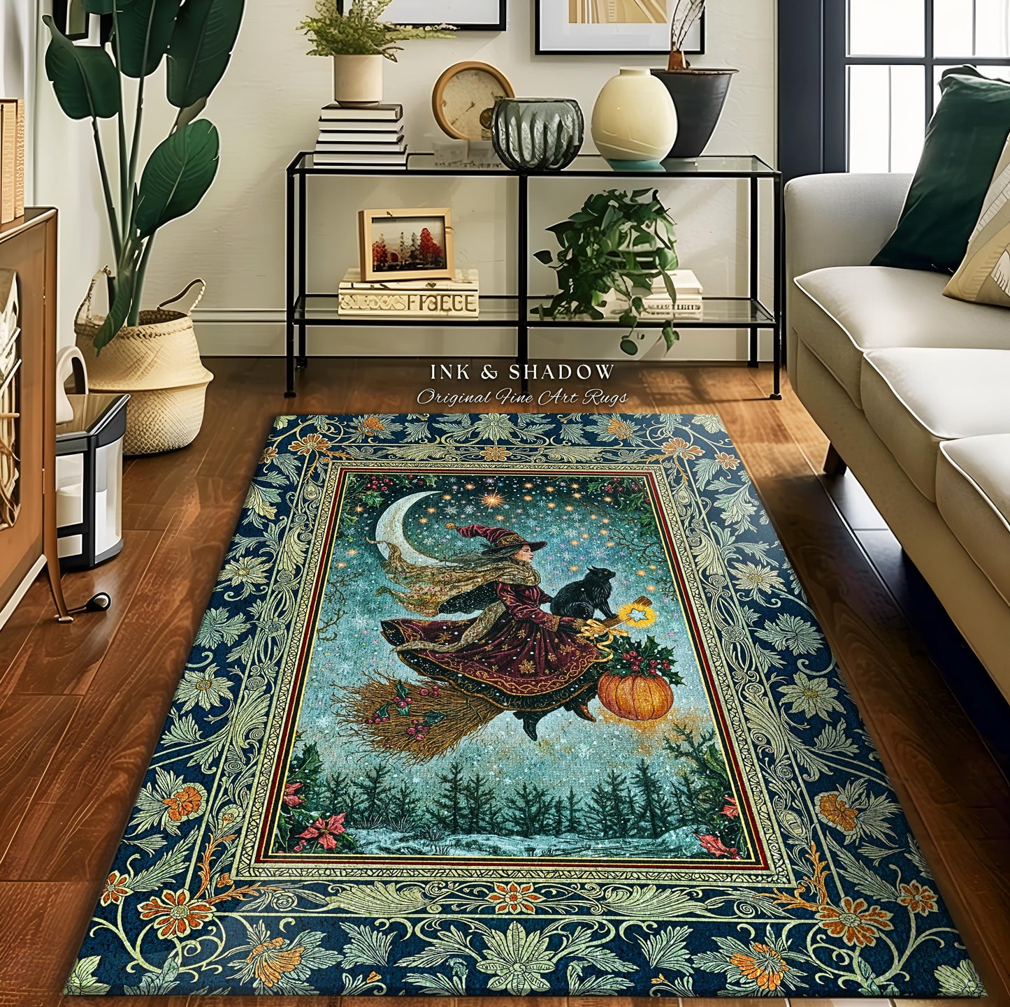 Pumpkin Witch Winter Accent Rug | Mystical Gothic Decor Black Cat Broomstick Spooky Season Botanical Moon Stars Winter Whimsigoth Style Room