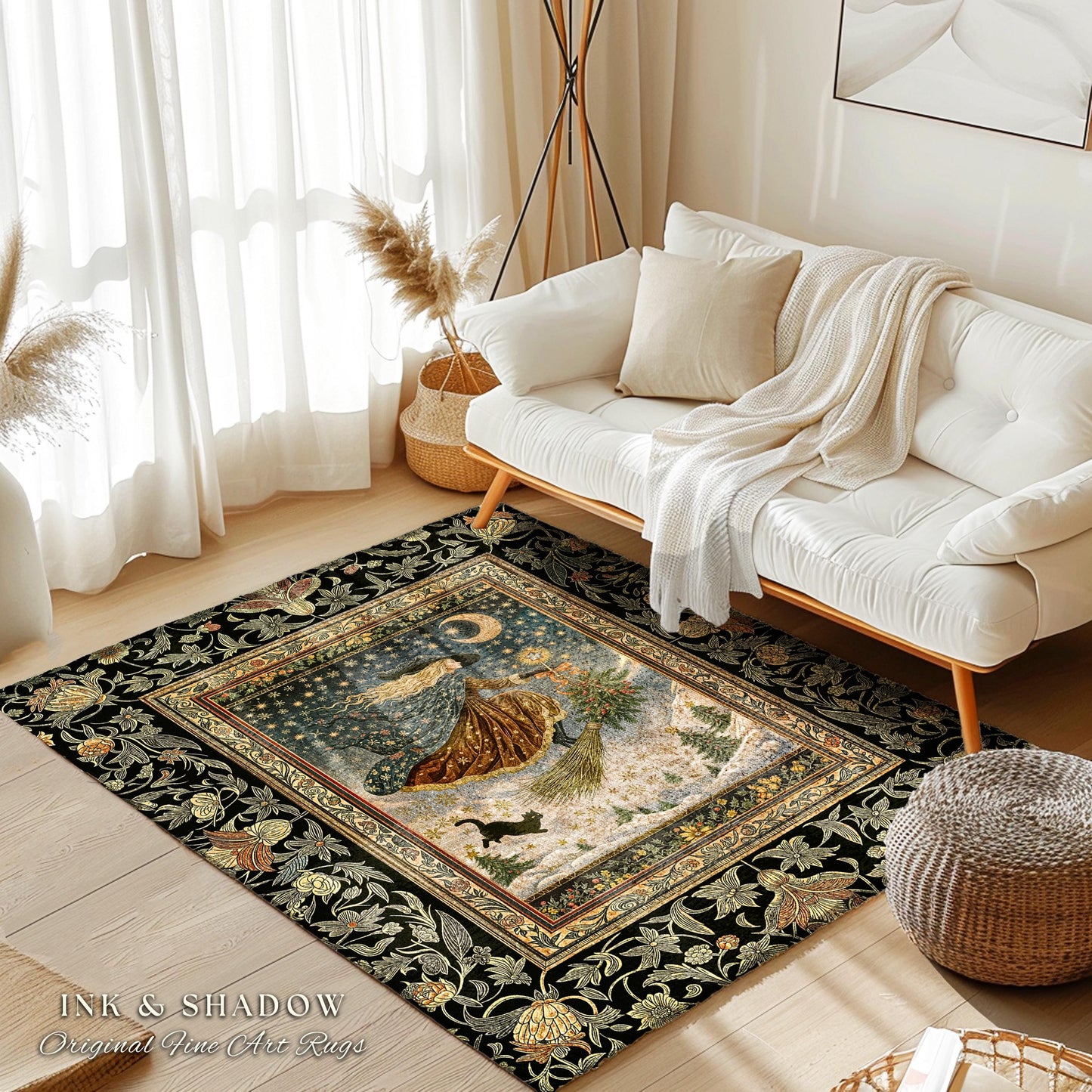 Winter Folklore Witch Accent Rug | Enchanted Cottagecore Decor Mystic Aesthetic Black Cat Gothic Elegance Celestial Storybook Bedroom Rug |