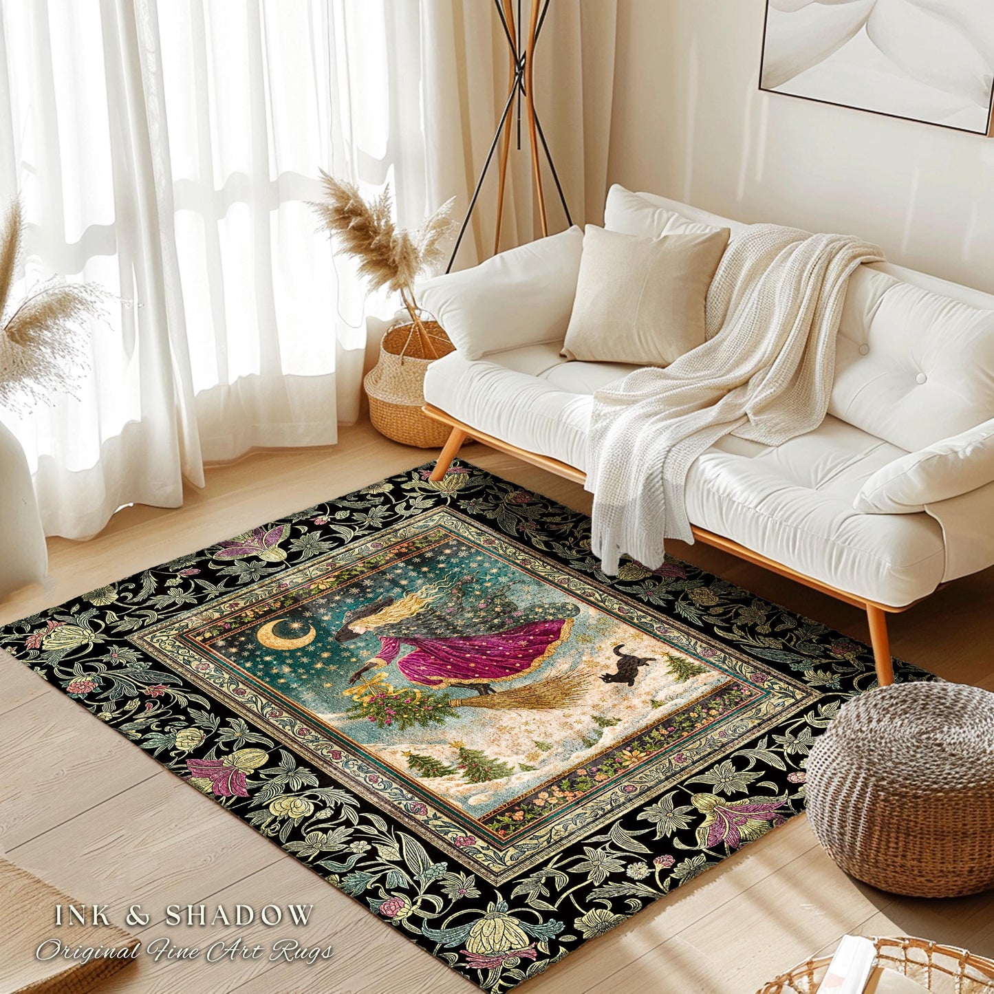 Snowy Moonlit Night Witchy Rug | Celestial Cat Gothic Decor Broomstick Ride Whimsigoth Magic Cottagecore Folk Aesthetic Bedroom Accent Rug |