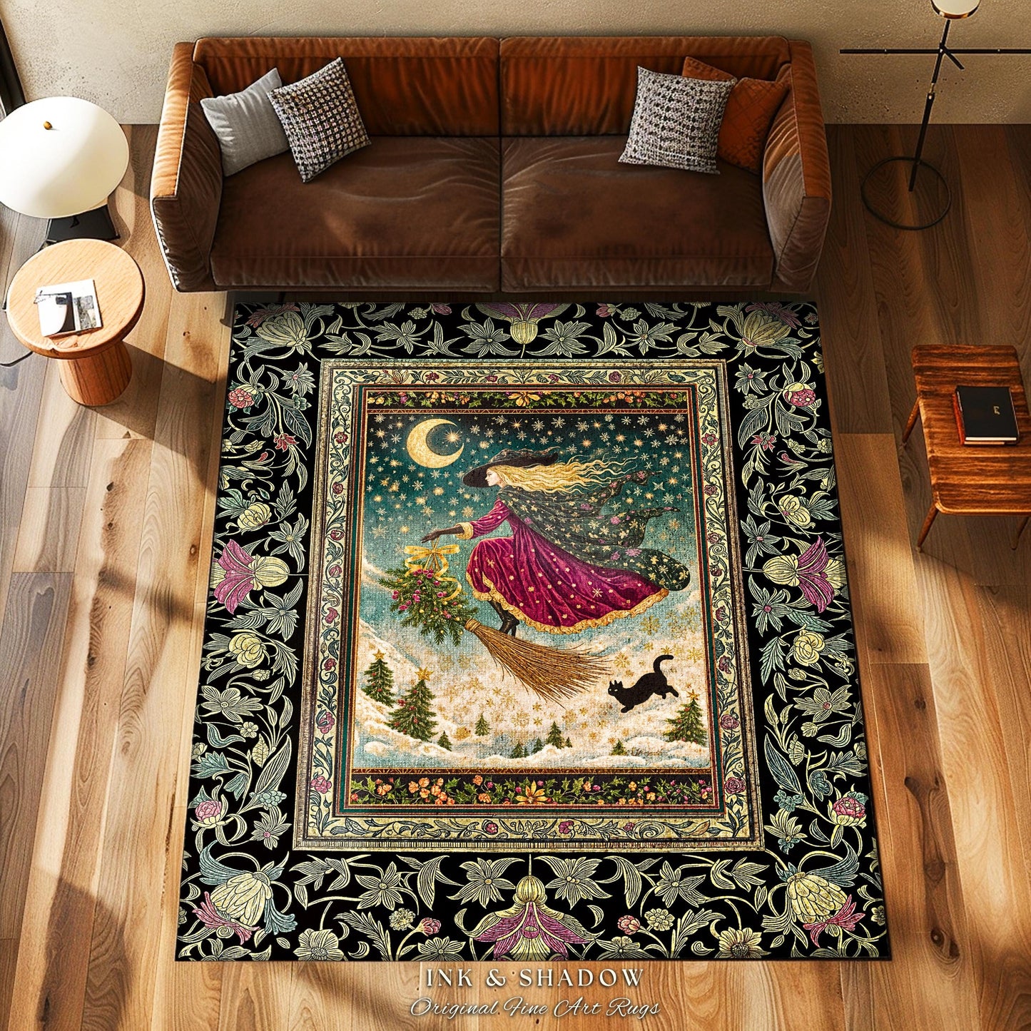 Snowy Moonlit Night Witchy Rug | Celestial Cat Gothic Decor Broomstick Ride Whimsigoth Magic Cottagecore Folk Aesthetic Bedroom Accent Rug |