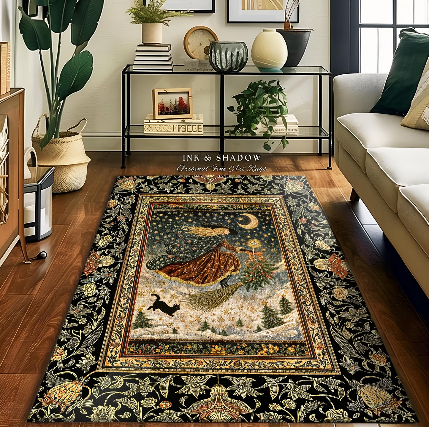 Winter Folklore Witch Accent Rug | Enchanted Cottagecore Decor Mystic Aesthetic Black Cat Gothic Elegance Celestial Storybook Bedroom Rug |