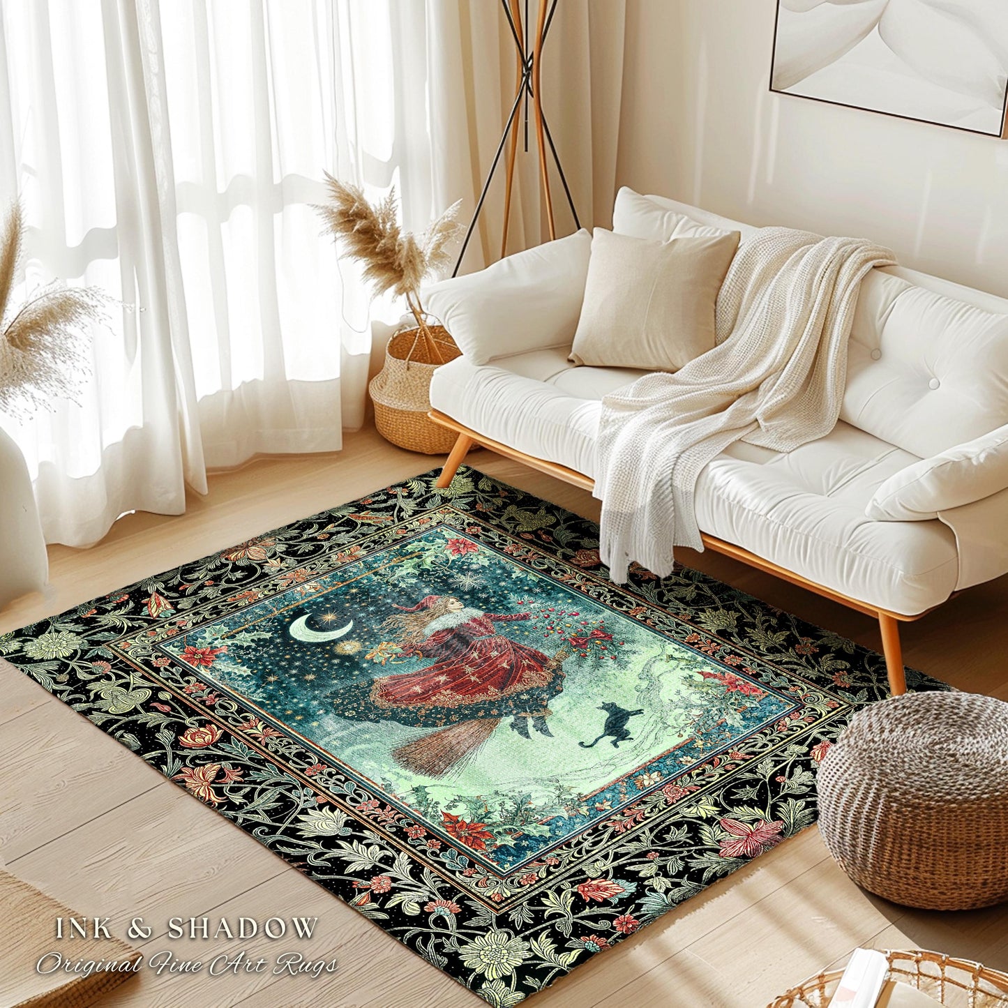 Wonderland Witch Boho Area Rug | Mystic Gothic Art Black Cat Folk Magic Broomstick Whimsigoth Cottagecore Celestial Moon Stars Bedroom Retro