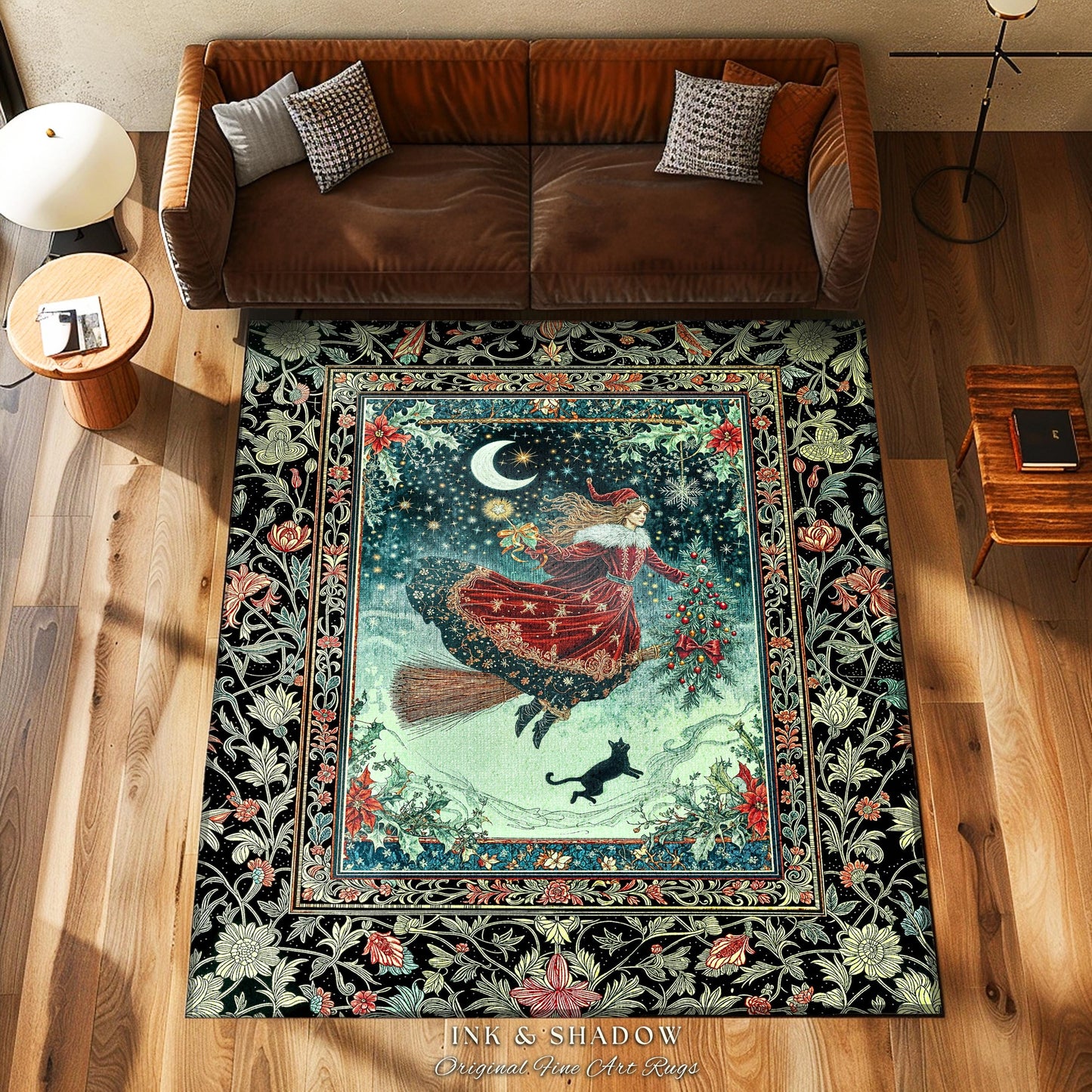 Wonderland Witch Boho Area Rug | Mystic Gothic Art Black Cat Folk Magic Broomstick Whimsigoth Cottagecore Celestial Moon Stars Bedroom Retro