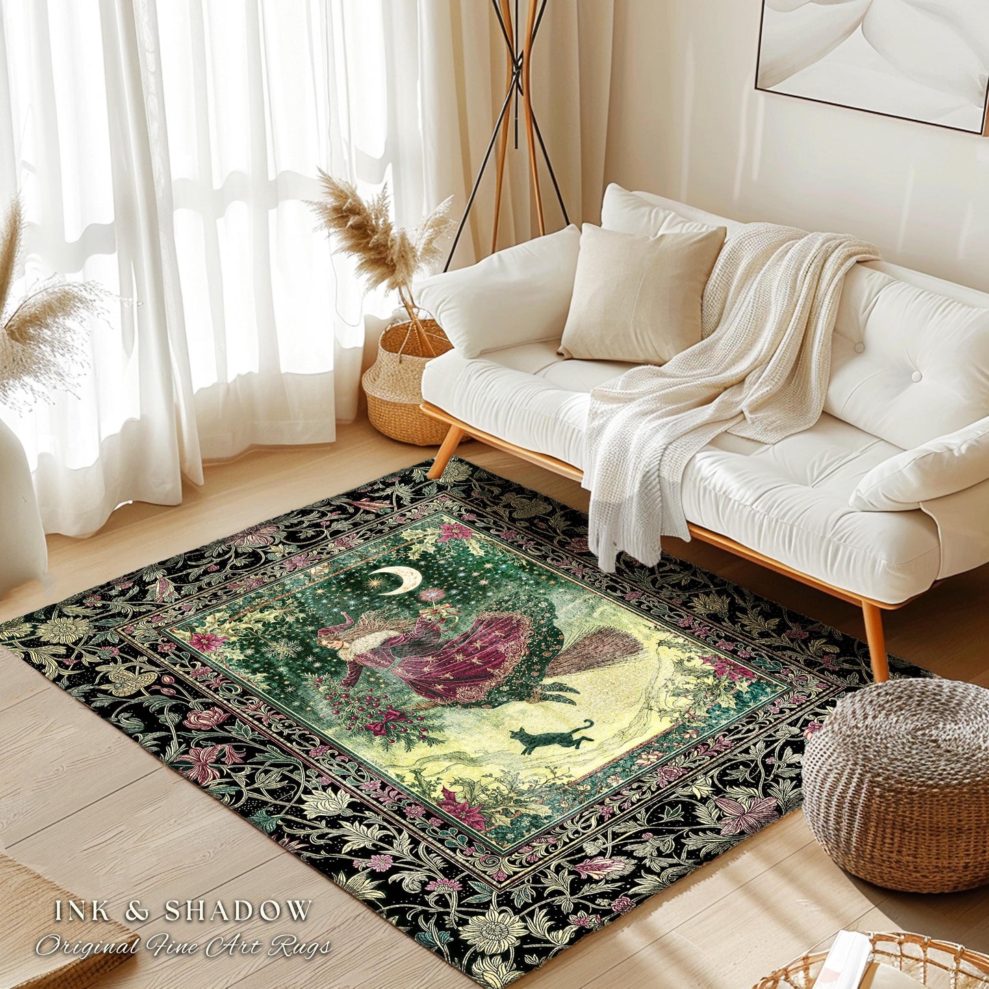 Snowy Magic Celestial Witch Rug | Gothic Magic Black Cat Bedroom Accent Broomstick Ride Moon Stars Botanical Frame Mystical Folklore Art |
