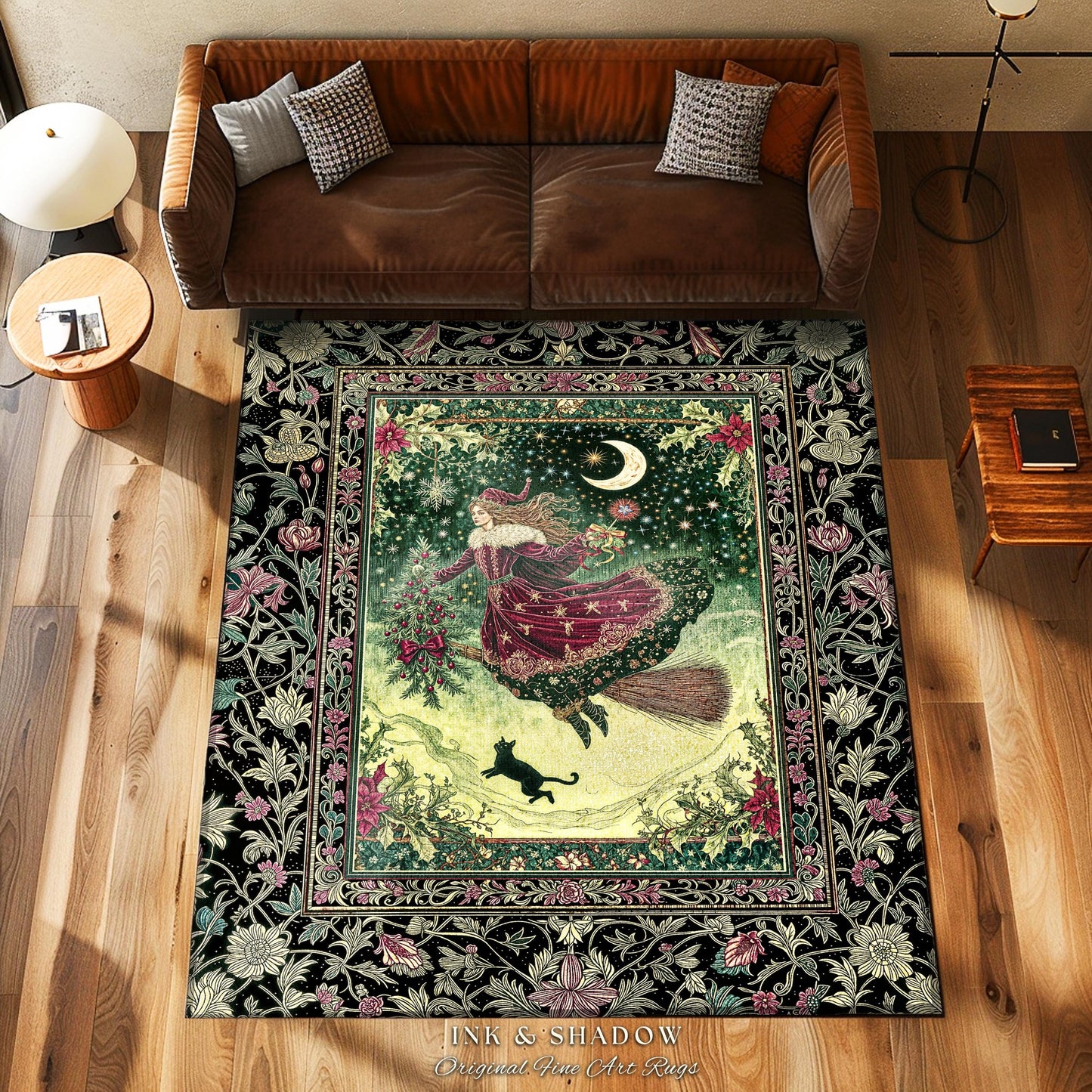 Snowy Magic Celestial Witch Rug | Gothic Magic Black Cat Bedroom Accent Broomstick Ride Moon Stars Botanical Frame Mystical Folklore Art |