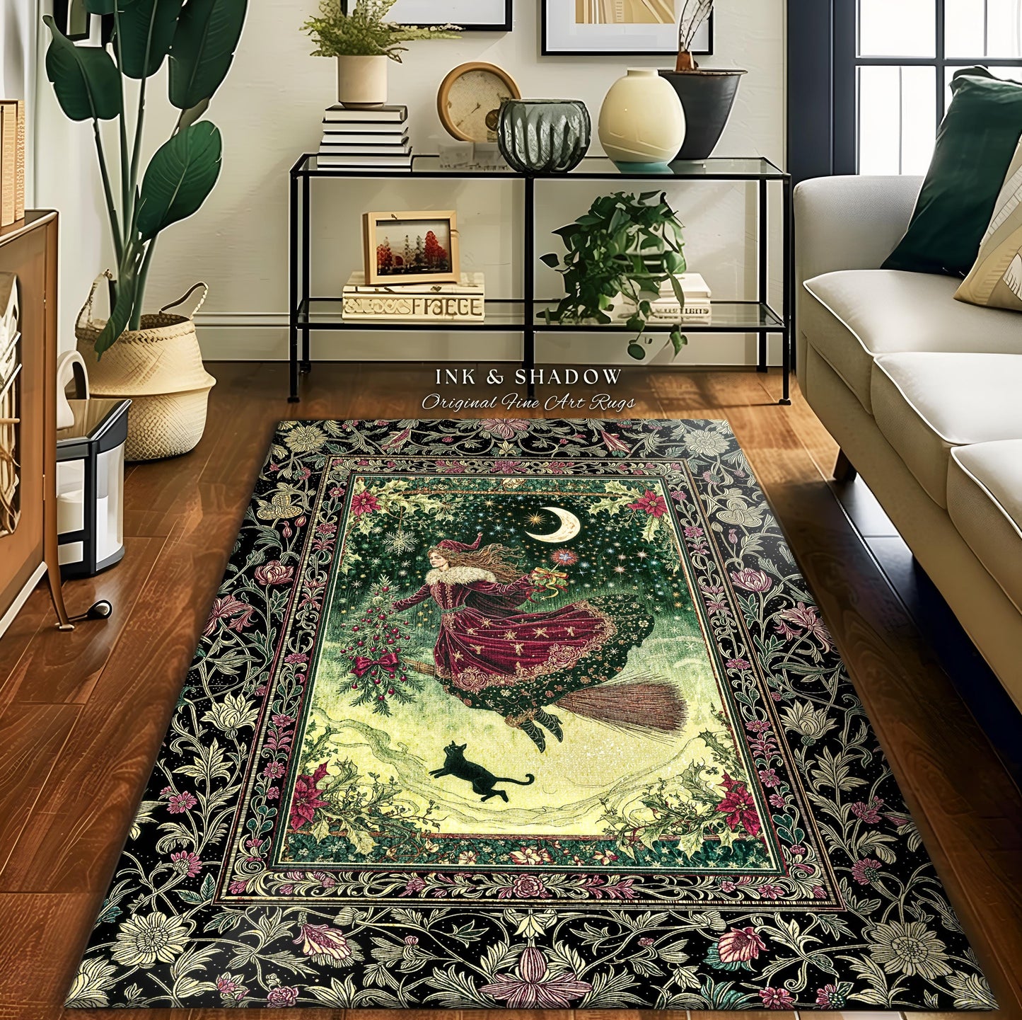 Snowy Magic Celestial Witch Rug | Gothic Magic Black Cat Bedroom Accent Broomstick Ride Moon Stars Botanical Frame Mystical Folklore Art |