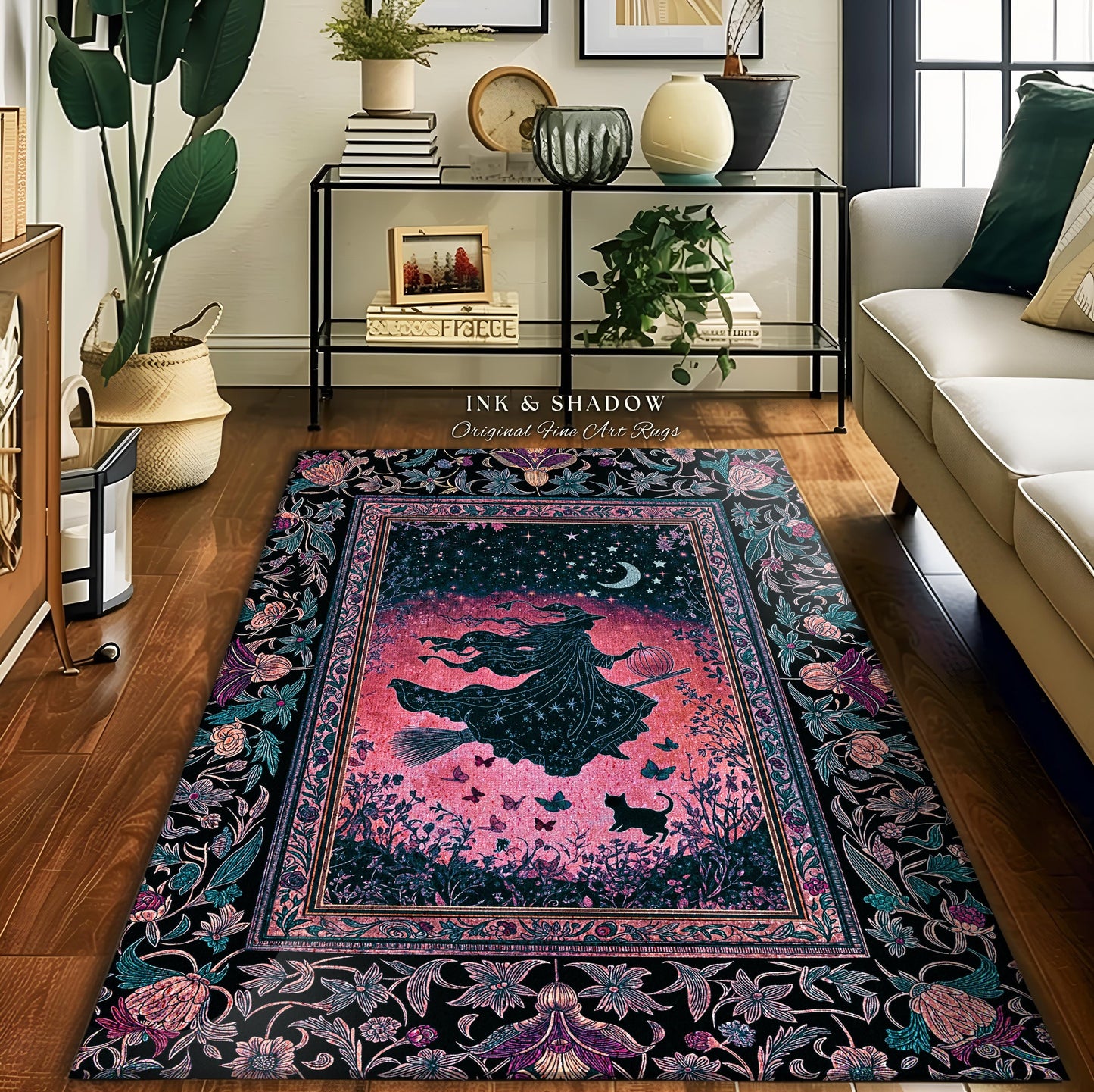 Moody Magenta Witch Silhouette Rug | Whimsigoth Aesthetic Flying Broomstick Black Cat Halloween Moon Magic Night Gothic Folklore Bedroom Art