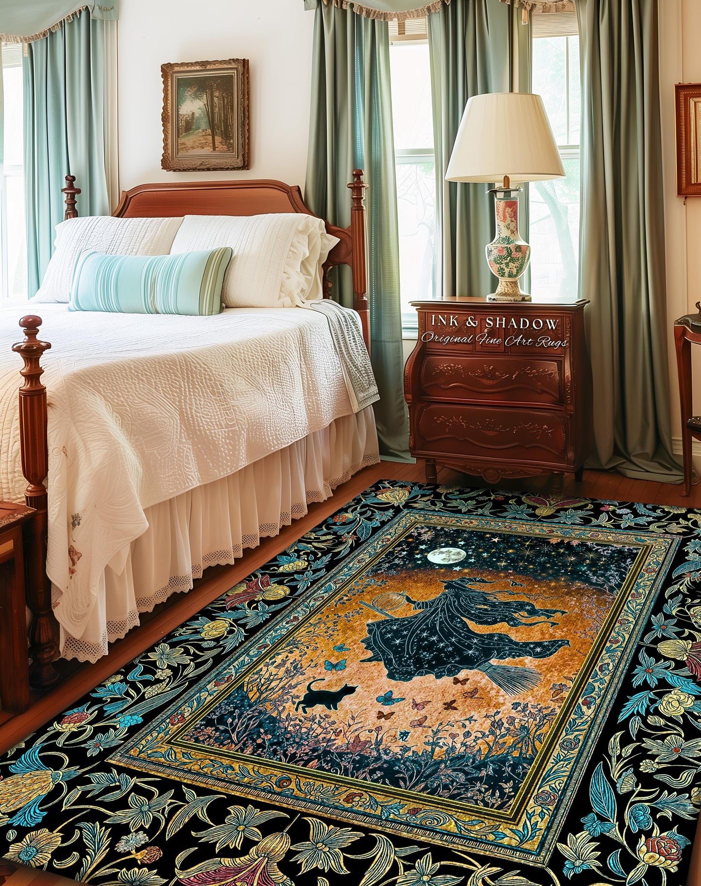 Autumn Aesthetic Witchy Area Rug | Fall Gothic Dark Cottagecore Decor Moonlight Magic Black Cat Whimsigoth Dorm Accent Maximalist Halloween