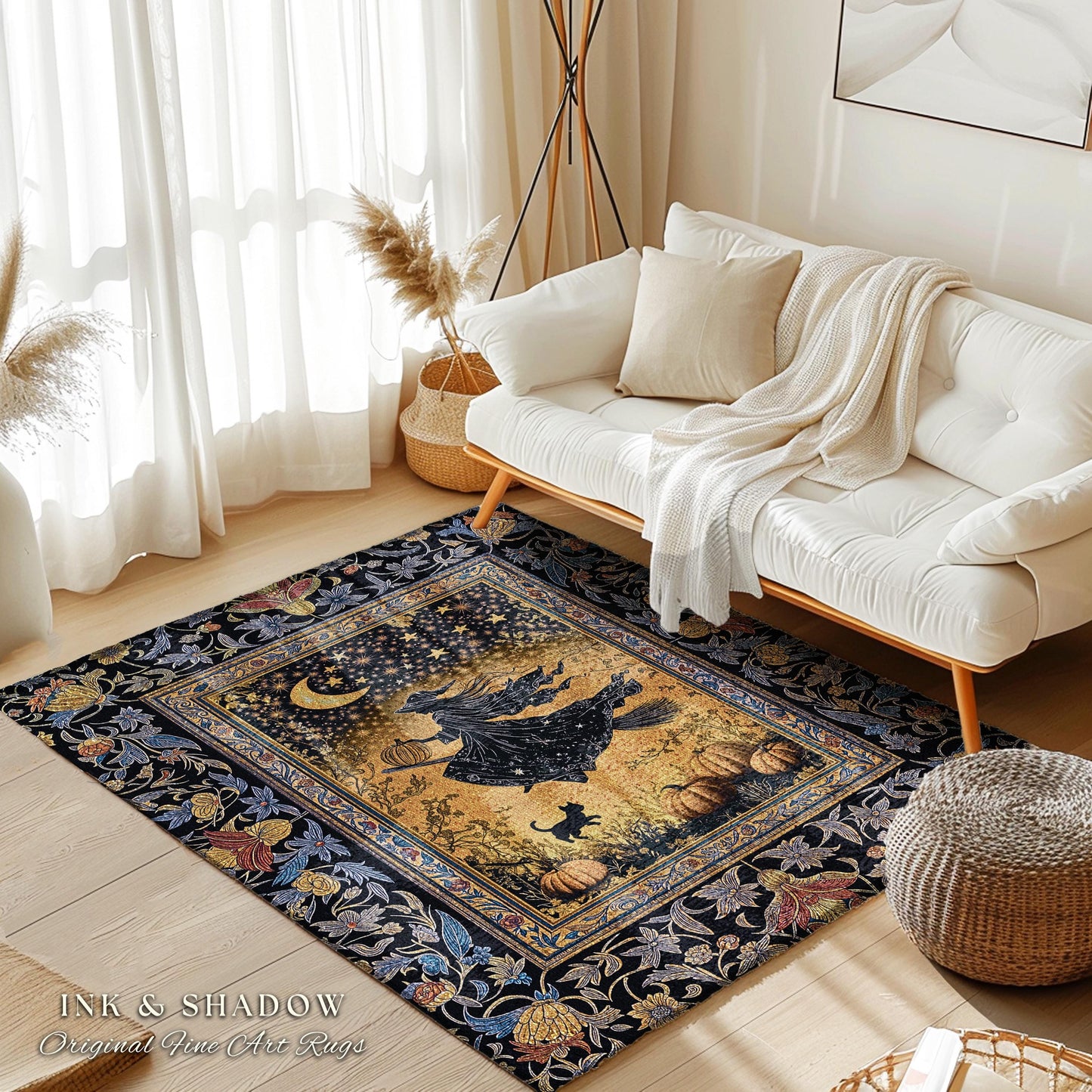 Autumn Golden Gothic Sky Rug | Celestial Black Cat Bedroom Accent Whimsigoth Decor Mystic Aesthetic Pumpkin Enchanted Magic Style Dorm Room