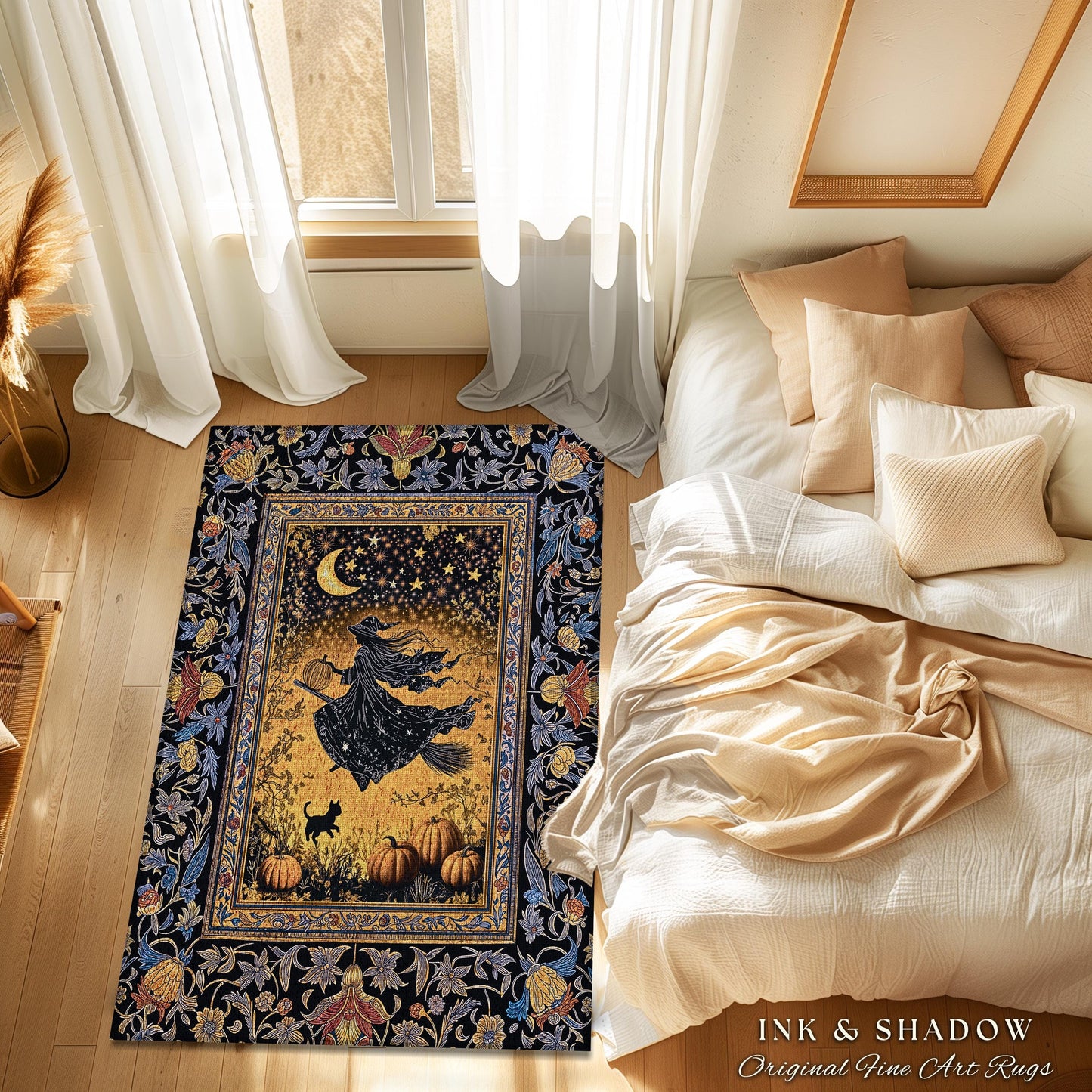 Autumn Golden Gothic Sky Rug | Celestial Black Cat Bedroom Accent Whimsigoth Decor Mystic Aesthetic Pumpkin Enchanted Magic Style Dorm Room