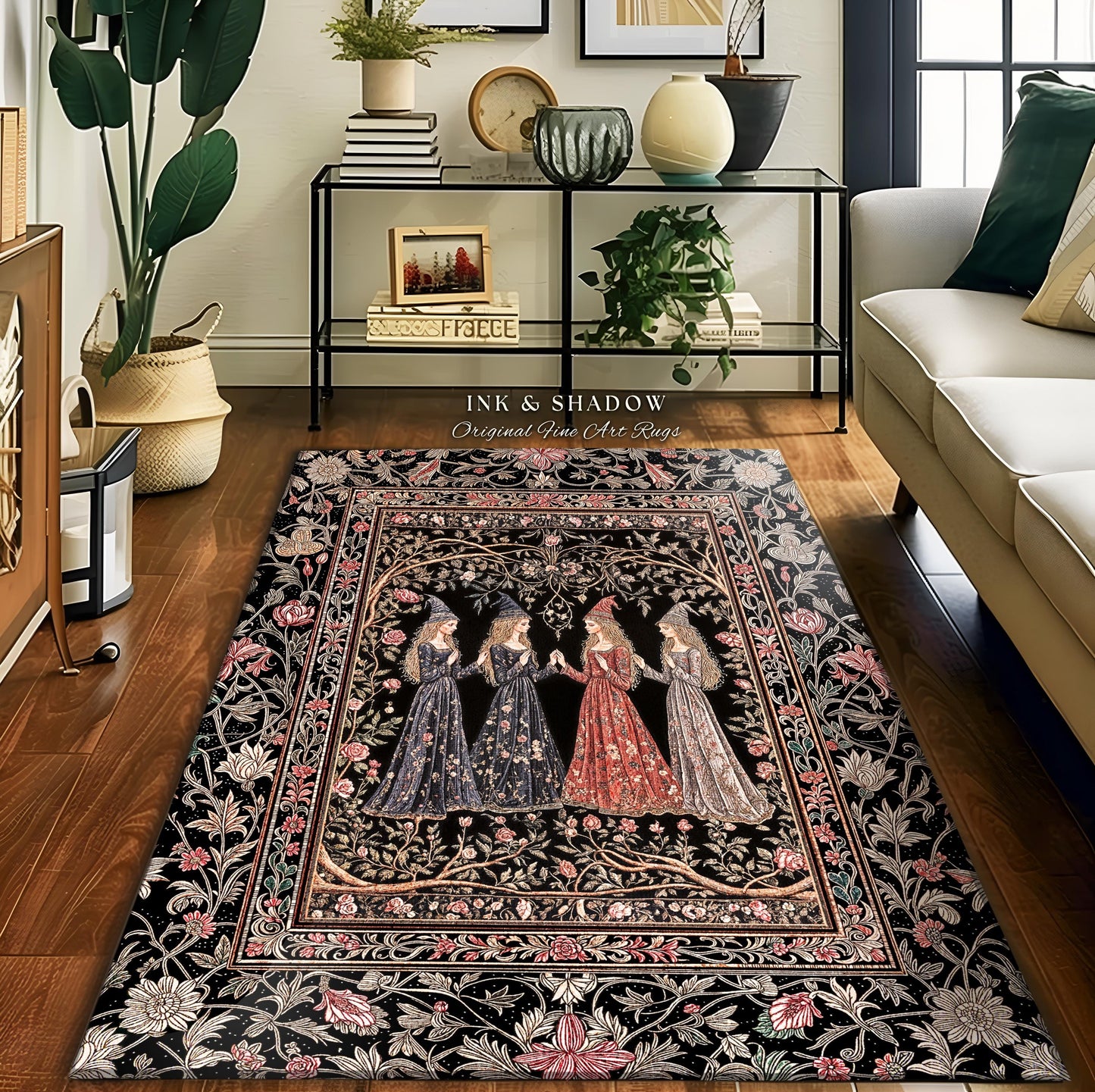 Enchanted Maidens Rustic Area Rug | Mystical Folklore Floral Gothic Art Nouveau Bedroom Rug Ethereal Coven Magic Dark Boho Aesthetic Decor