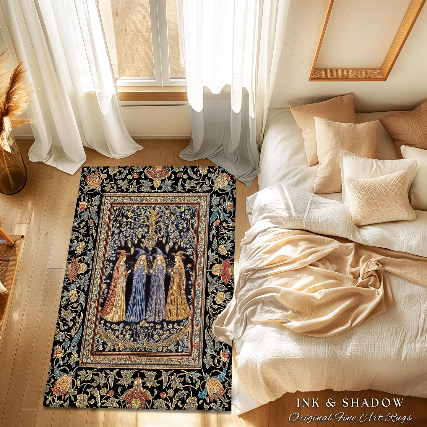 Celestial Witches Gothic Bedroom Rug | Dreamy Maiden Forest Enchantment Floral Magic Coven Witchy Area Rug Folk Tale Sisterhood Art Bohemian