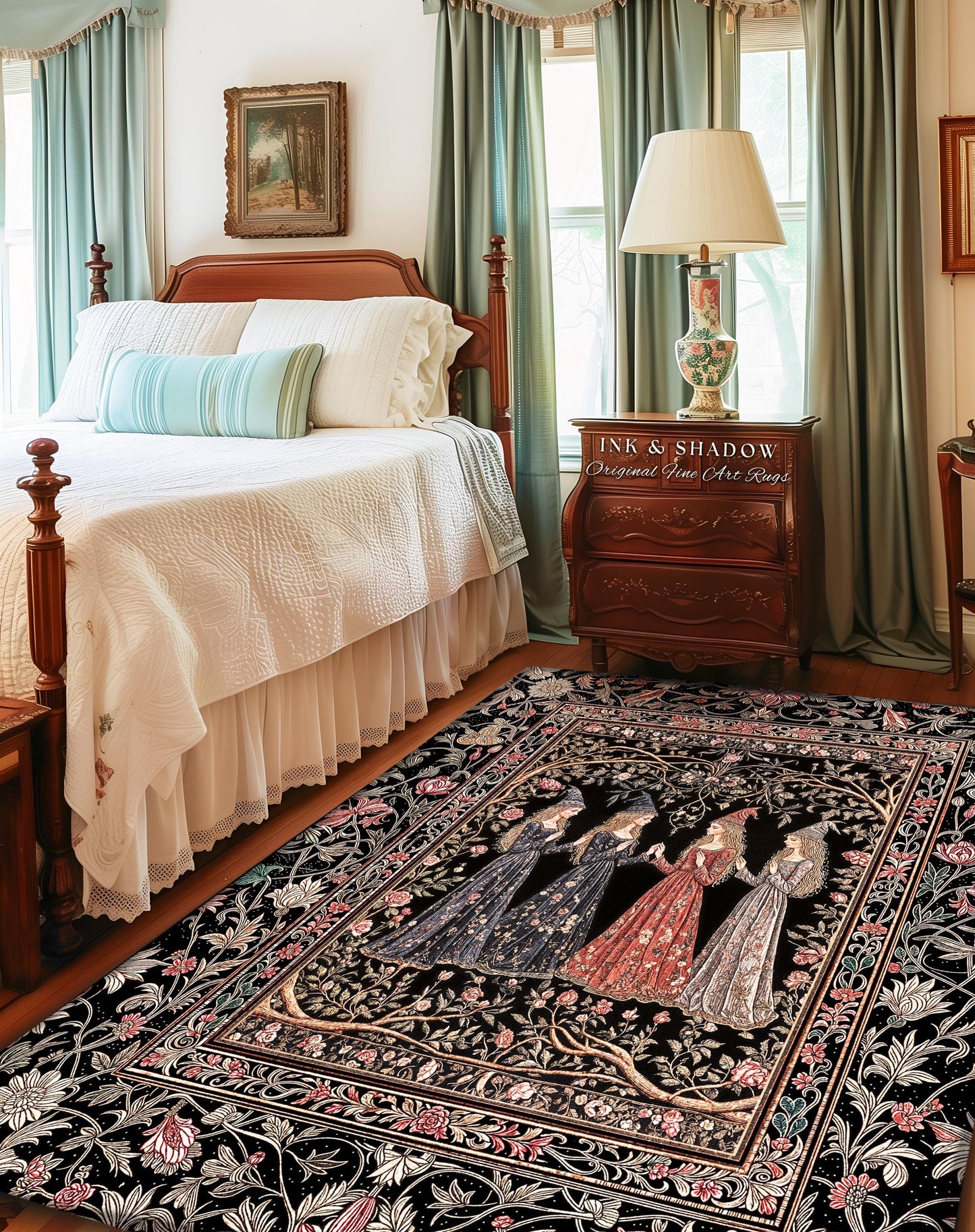 Enchanted Maidens Rustic Area Rug | Mystical Folklore Floral Gothic Art Nouveau Bedroom Rug Ethereal Coven Magic Dark Boho Aesthetic Decor