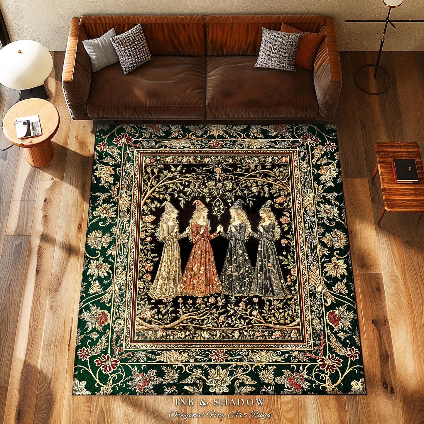 Mystical Sisterhood Floral Accent Rug | Witchy Aesthetic Baroque Forest Whimsigoth Fantasy Ethereal Whimsical Bedroom Rug Dark Academia Art