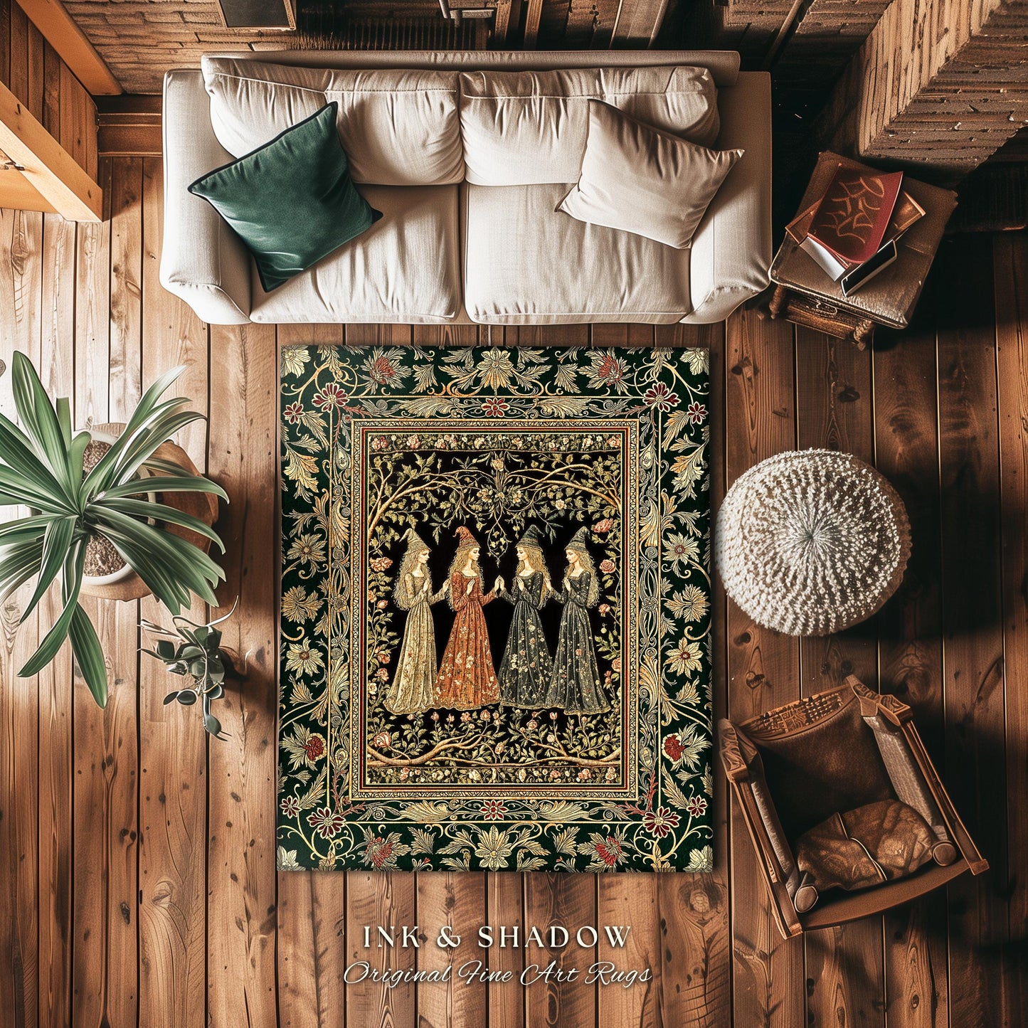Mystical Sisterhood Floral Accent Rug | Witchy Aesthetic Baroque Forest Whimsigoth Fantasy Ethereal Whimsical Bedroom Rug Dark Academia Art