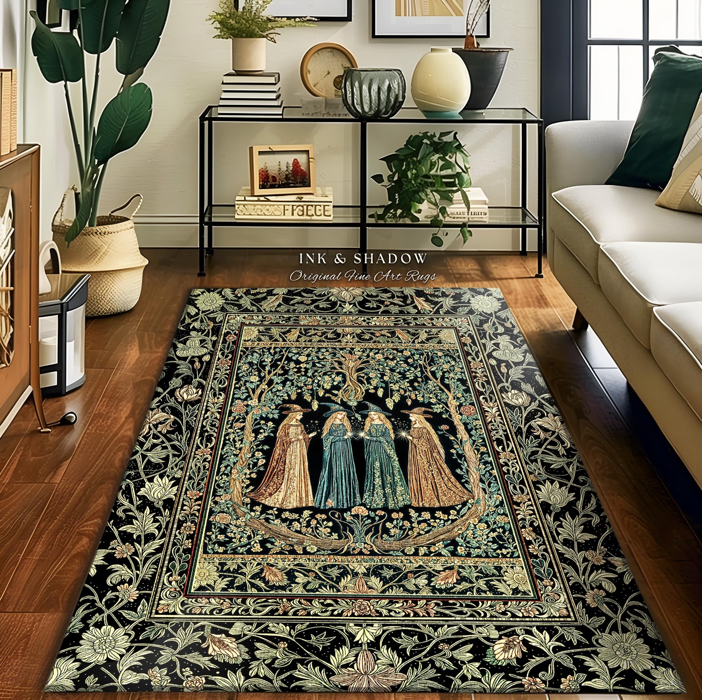 Magic Garden Witches Cozy Accent Rug | Gothic Enchanted Botanical Forest Floor Rug Floral Maiden Dreamy Arcane Aesthetic Wiccan Boho Style