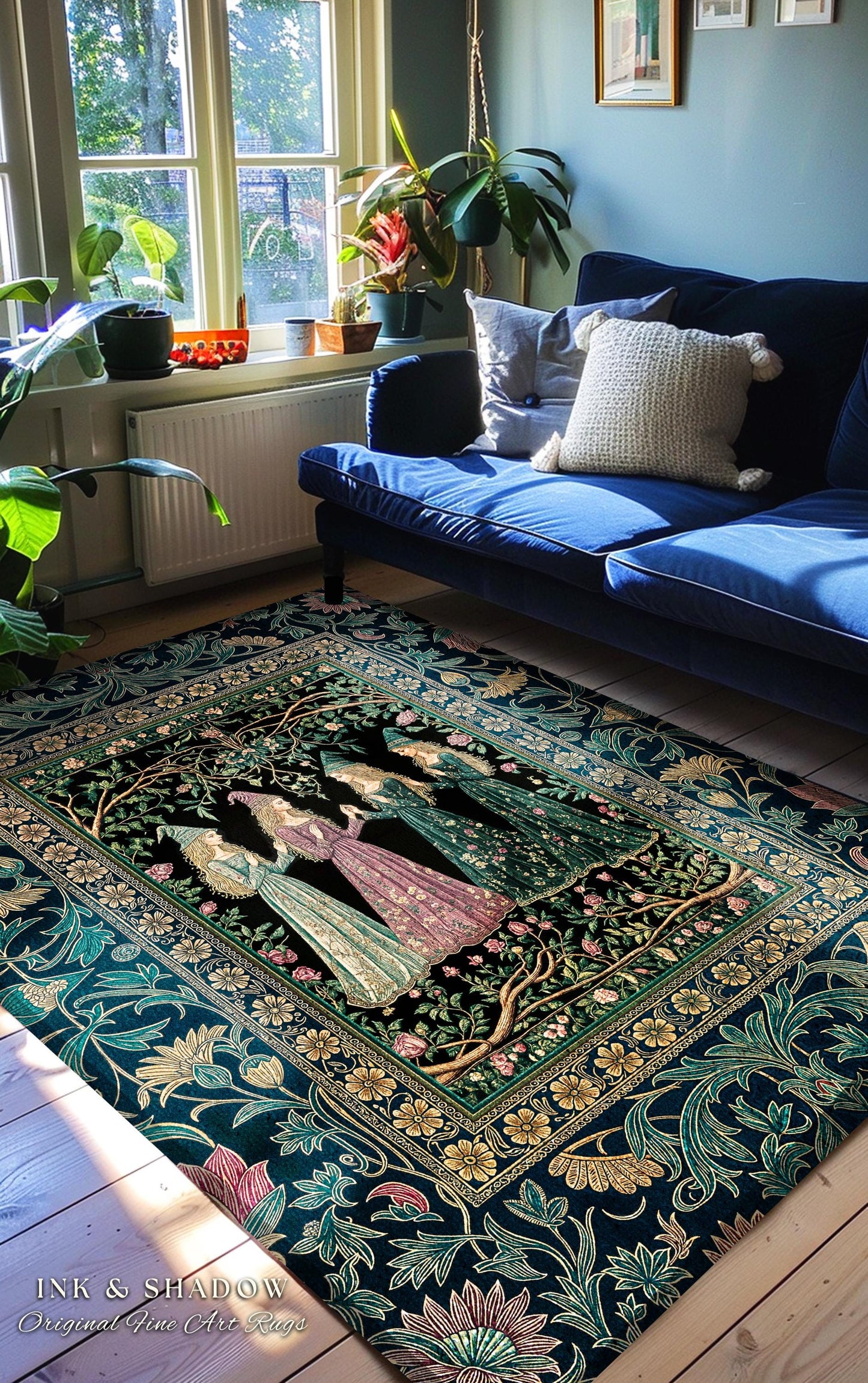 Storybook Aesthetic Witch Rug | Whimsical Crowcore Arcane Gothic Forest Maiden Medieval Enchanted Magic Bedroom Accent Dark Botanical Dorm |