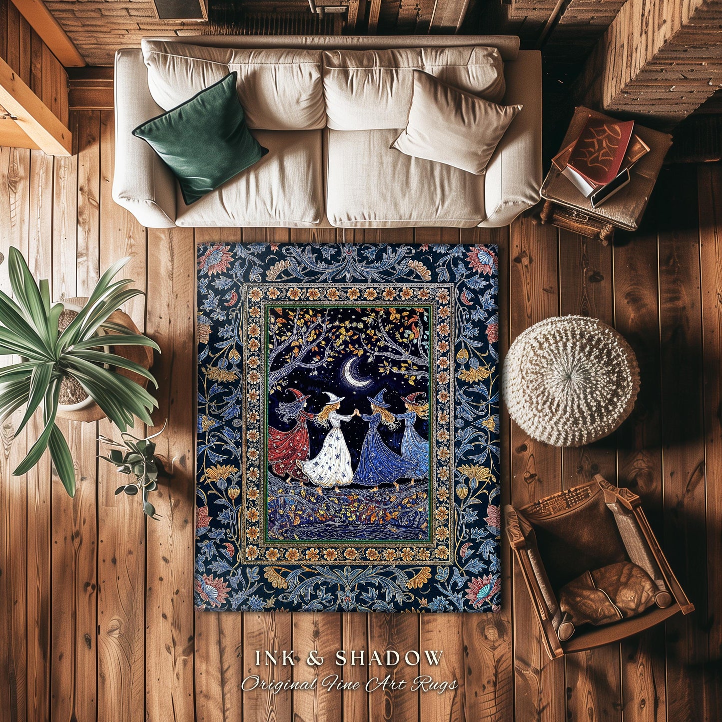 Moonlit Magic Witches Area Rug | Medieval Fairytale Floral Enchanted Witchcore Baroque Dark Folk Art Home Decor Occult Boho Bedroom Accent |