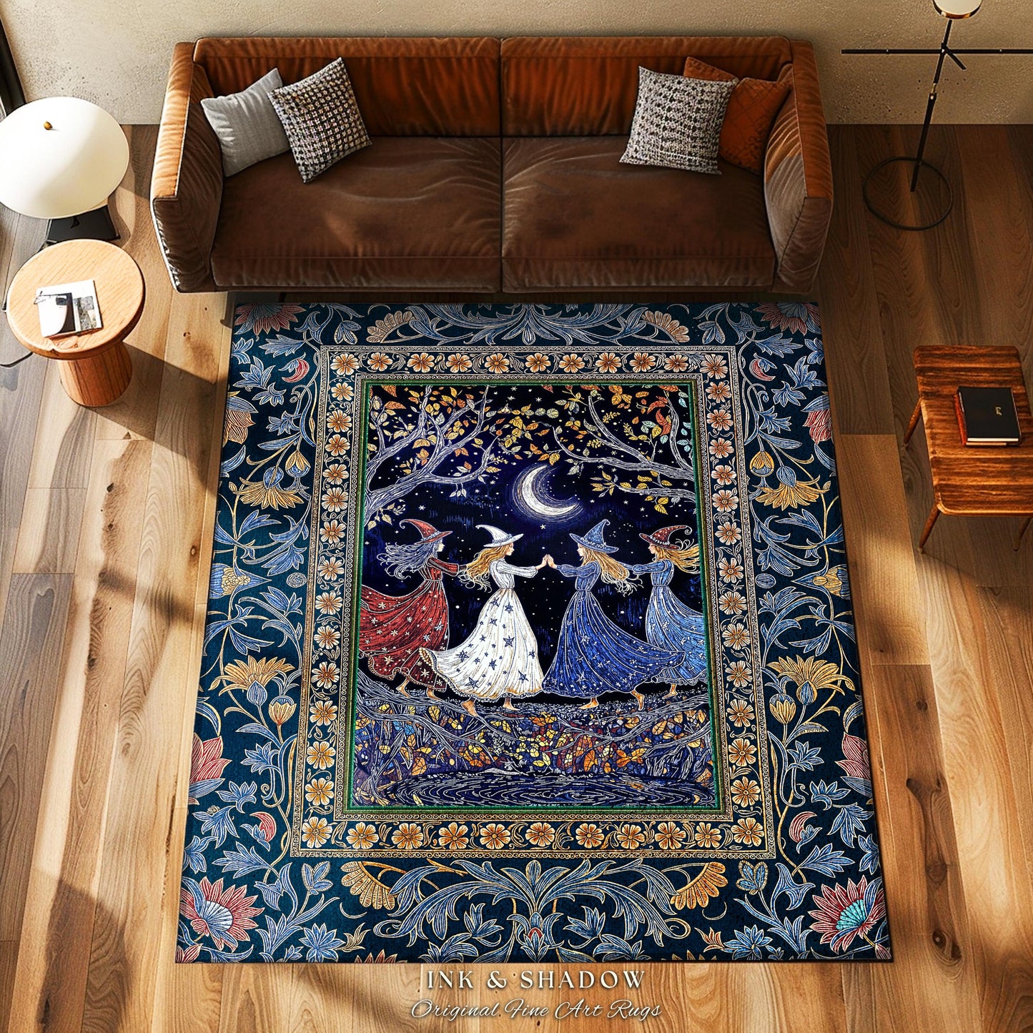 Moonlit Magic Witches Area Rug | Medieval Fairytale Floral Enchanted Witchcore Baroque Dark Folk Art Home Decor Occult Boho Bedroom Accent |