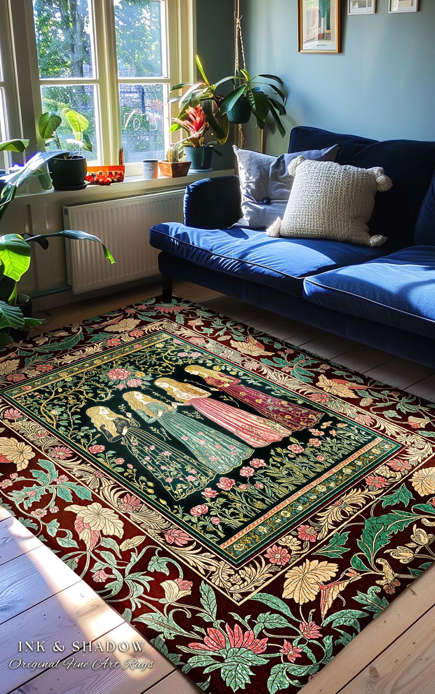 Renaissance Witch Coven Area Rug | Whimsical Folklore Enchanted Floral Bedroom Accent Spellbound Gothic Art Mystic Academia Fairytale Decor