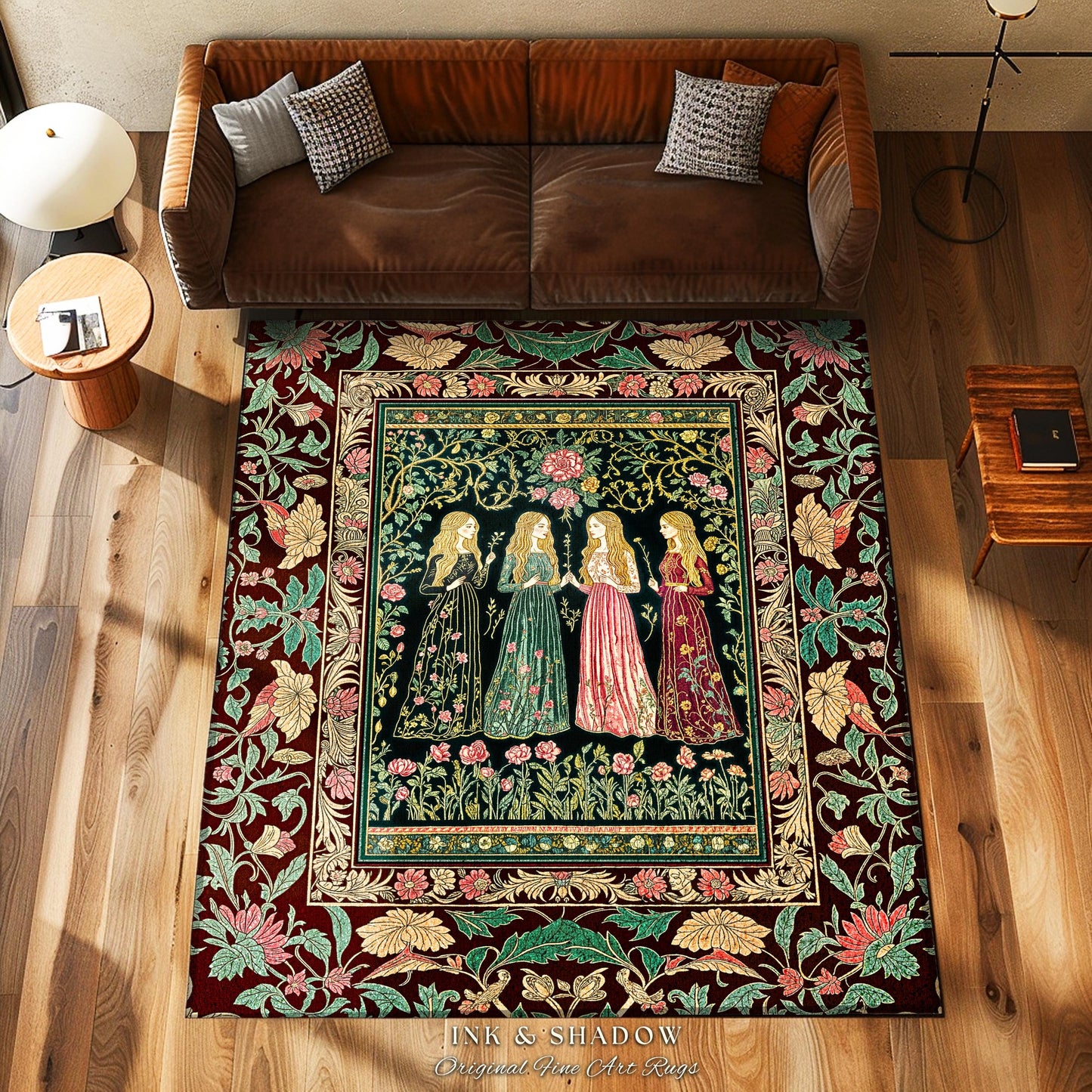 Renaissance Witch Coven Area Rug | Whimsical Folklore Enchanted Floral Bedroom Accent Spellbound Gothic Art Mystic Academia Fairytale Decor