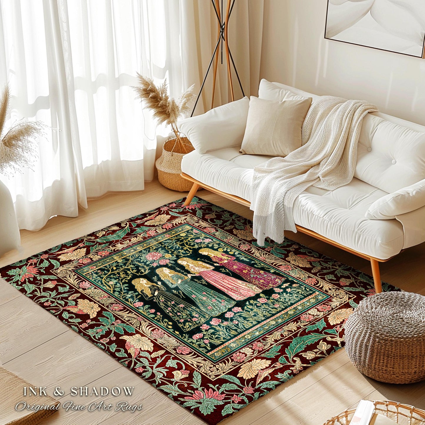 Renaissance Witch Coven Area Rug | Whimsical Folklore Enchanted Floral Bedroom Accent Spellbound Gothic Art Mystic Academia Fairytale Decor