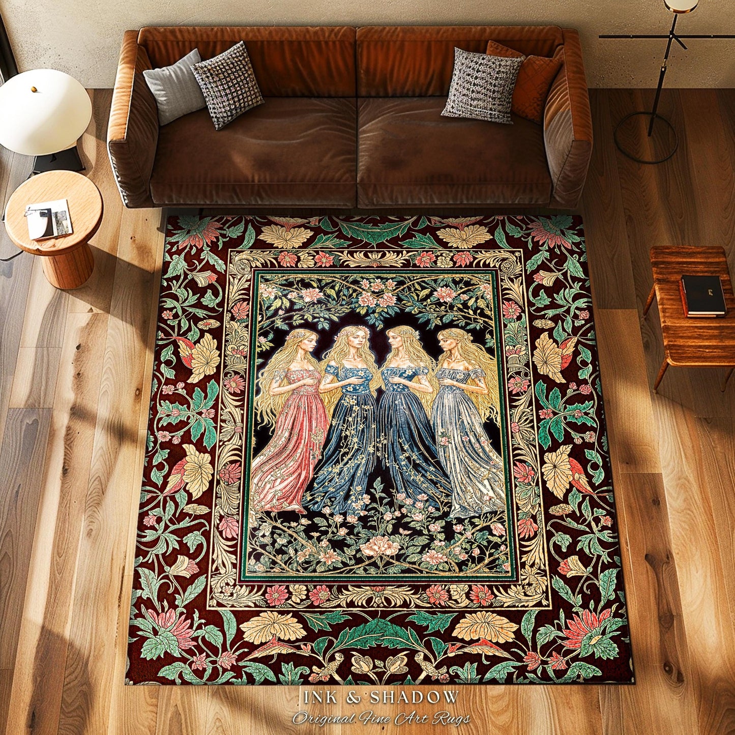 Magic Maidens Medieval Area Rug | Dark Fairytale Witches Floral Forest Floor Vedroom Accent Ethereal Renaissance Gothic Art Decor Fairycore