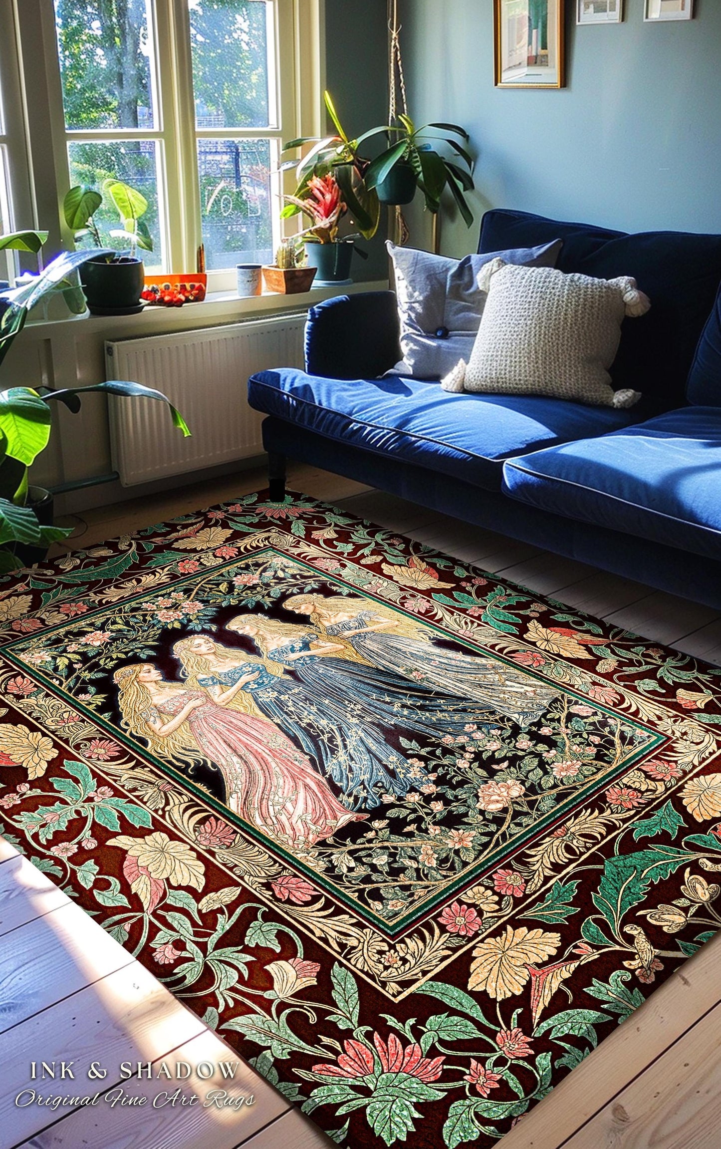 Magic Maidens Medieval Area Rug | Dark Fairytale Witches Floral Forest Floor Vedroom Accent Ethereal Renaissance Gothic Art Decor Fairycore