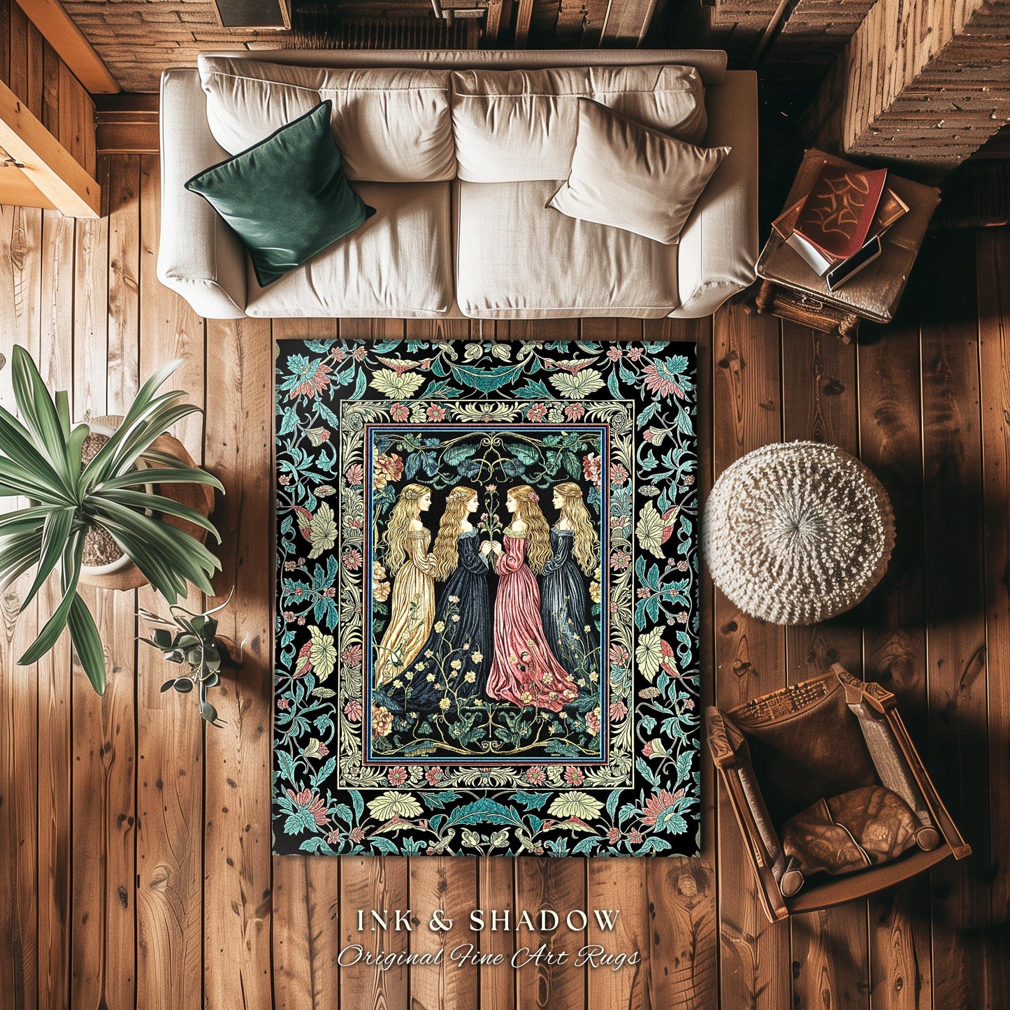 Wiccan Botanical Style Accent Rug | Medieval Celestial Dark Cottagecore Folklore Sisterhood Magic Witchy Bedroom Enchanted Boho Aesthetic |