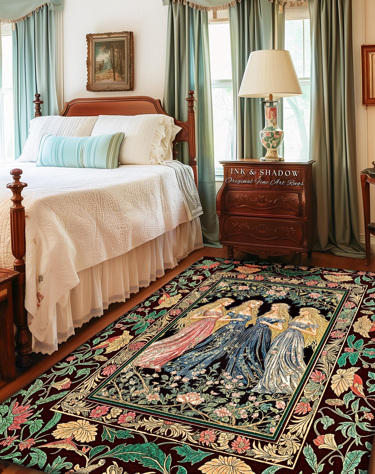 Magic Maidens Medieval Area Rug | Dark Fairytale Witches Floral Forest Floor Vedroom Accent Ethereal Renaissance Gothic Art Decor Fairycore
