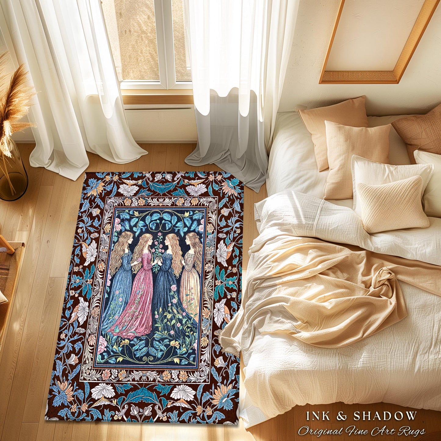 Sorceress Sisters Magic Aesthetic Rug | Lunar Garden Witch Bedroom Accent Fairytale Storybook Renaissance Woodland Sorcery Pastel Witches |