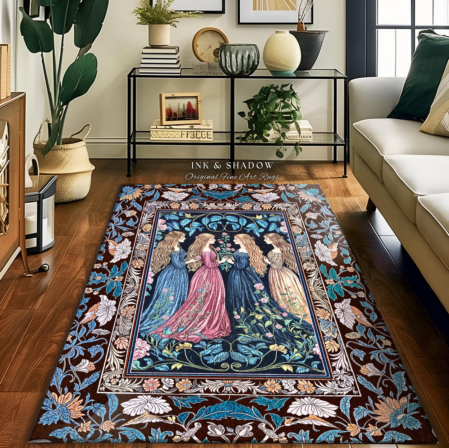 Sorceress Sisters Magic Aesthetic Rug | Lunar Garden Witch Bedroom Accent Fairytale Storybook Renaissance Woodland Sorcery Pastel Witches |
