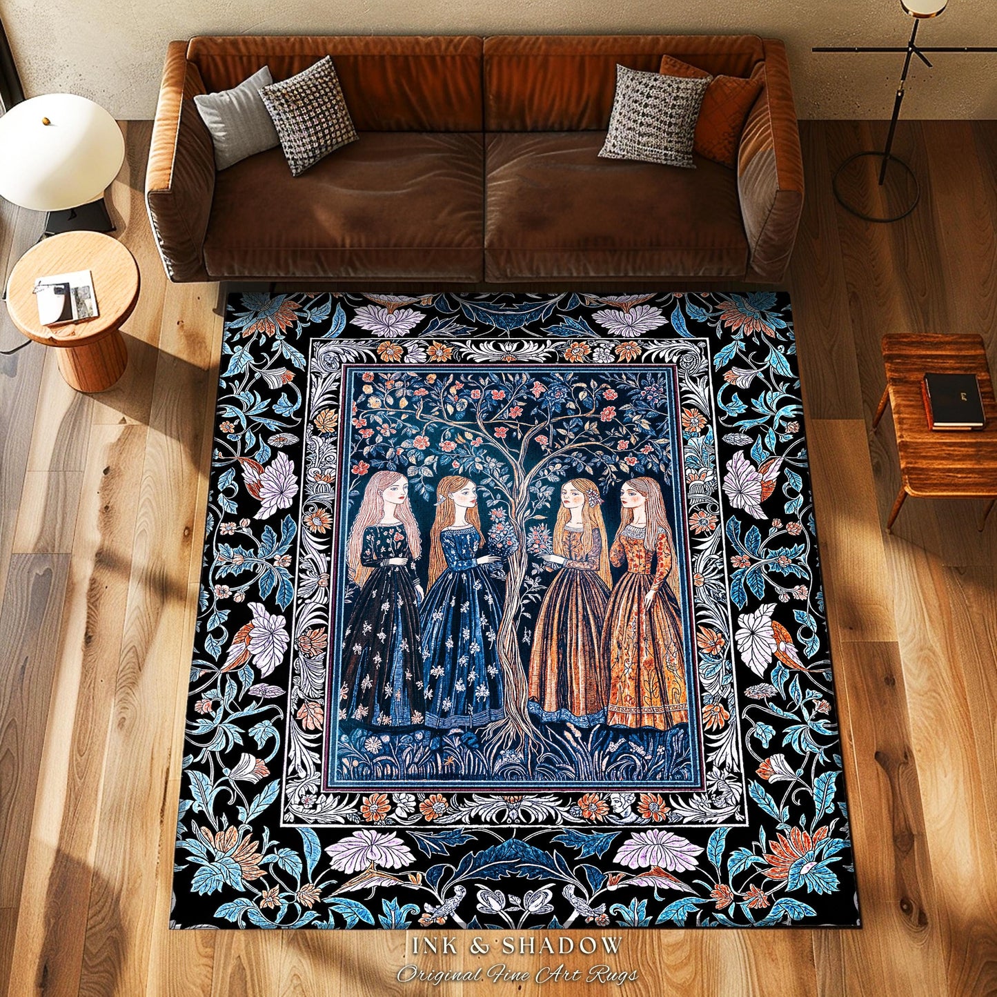 Enchanted Sisterhood Folklore Area Rug | Moody Bedroom Dark Enchantment Witchy Bedroom Accent Rug Mythical Aesthetic Folk Art Dreamy Decor |
