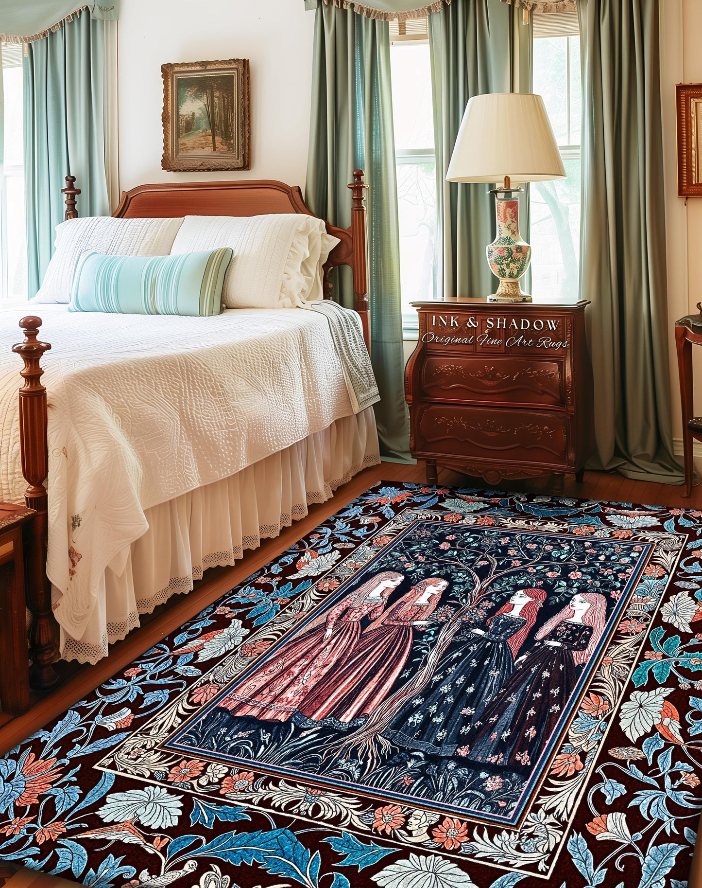 Pastel Fairy Forest Elegant Accent Rug | Druid Medieval Maiden Baroque Aesthetic Magic Decor Celestial Gothic Bedroom Art Nouveau Decor Boho