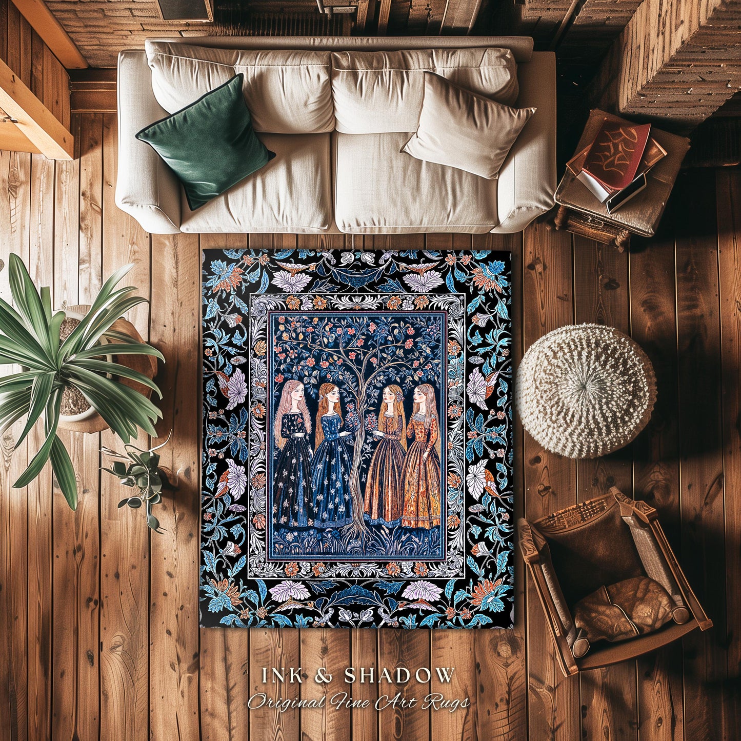 Enchanted Sisterhood Folklore Area Rug | Moody Bedroom Dark Enchantment Witchy Bedroom Accent Rug Mythical Aesthetic Folk Art Dreamy Decor |