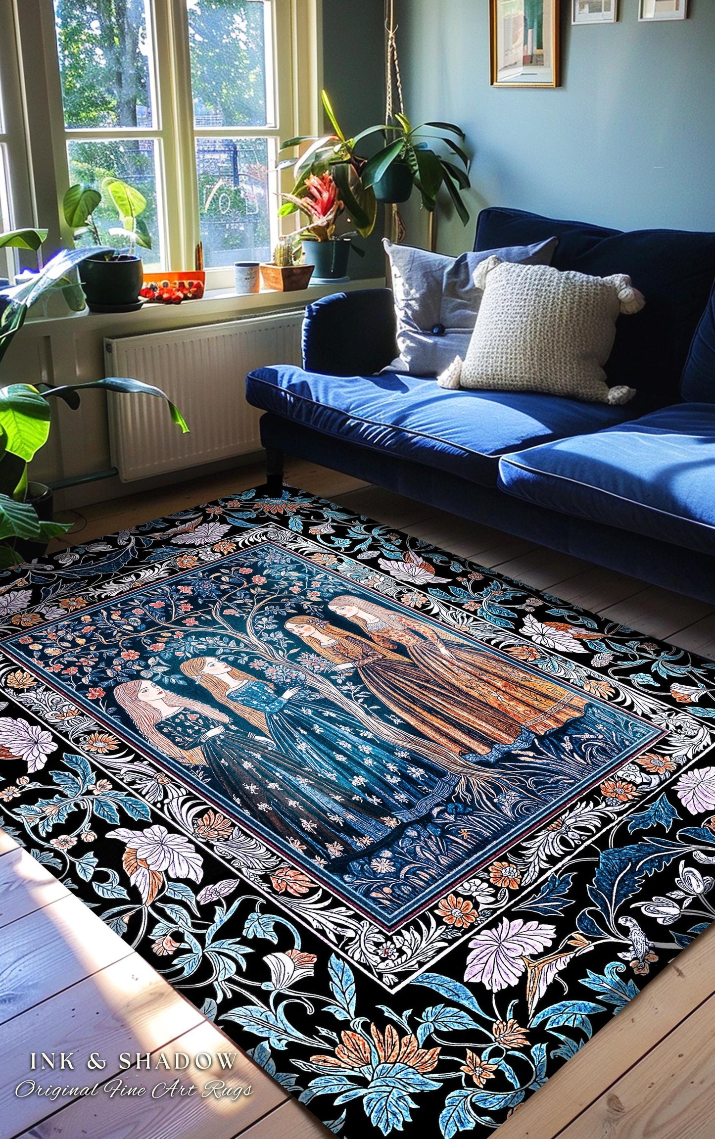 Enchanted Sisterhood Folklore Area Rug | Moody Bedroom Dark Enchantment Witchy Bedroom Accent Rug Mythical Aesthetic Folk Art Dreamy Decor |