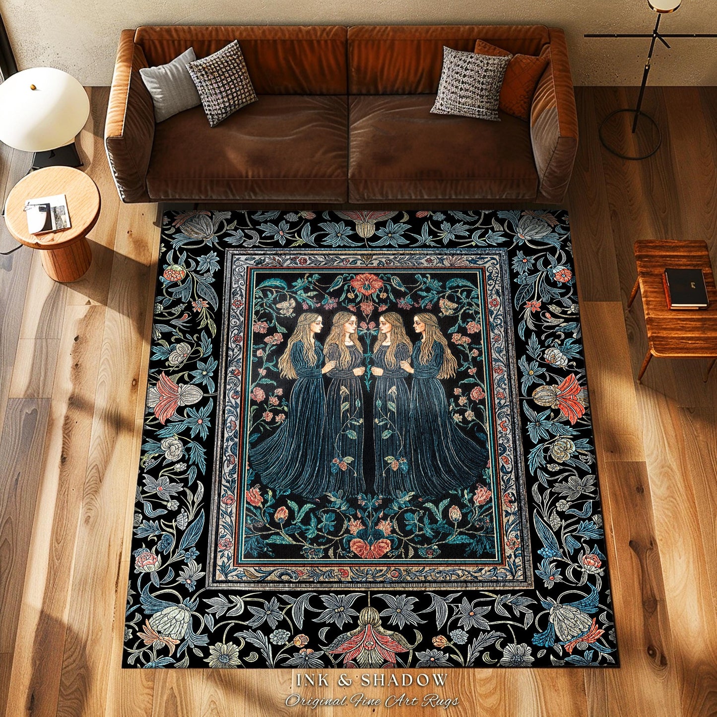 Elegant Medieval Storybook Area Rug | Ornate Botanical Enchantment Dark Gothic Romance Folk Art Renaissance Magic Aesthetic Bedroom Witchy |