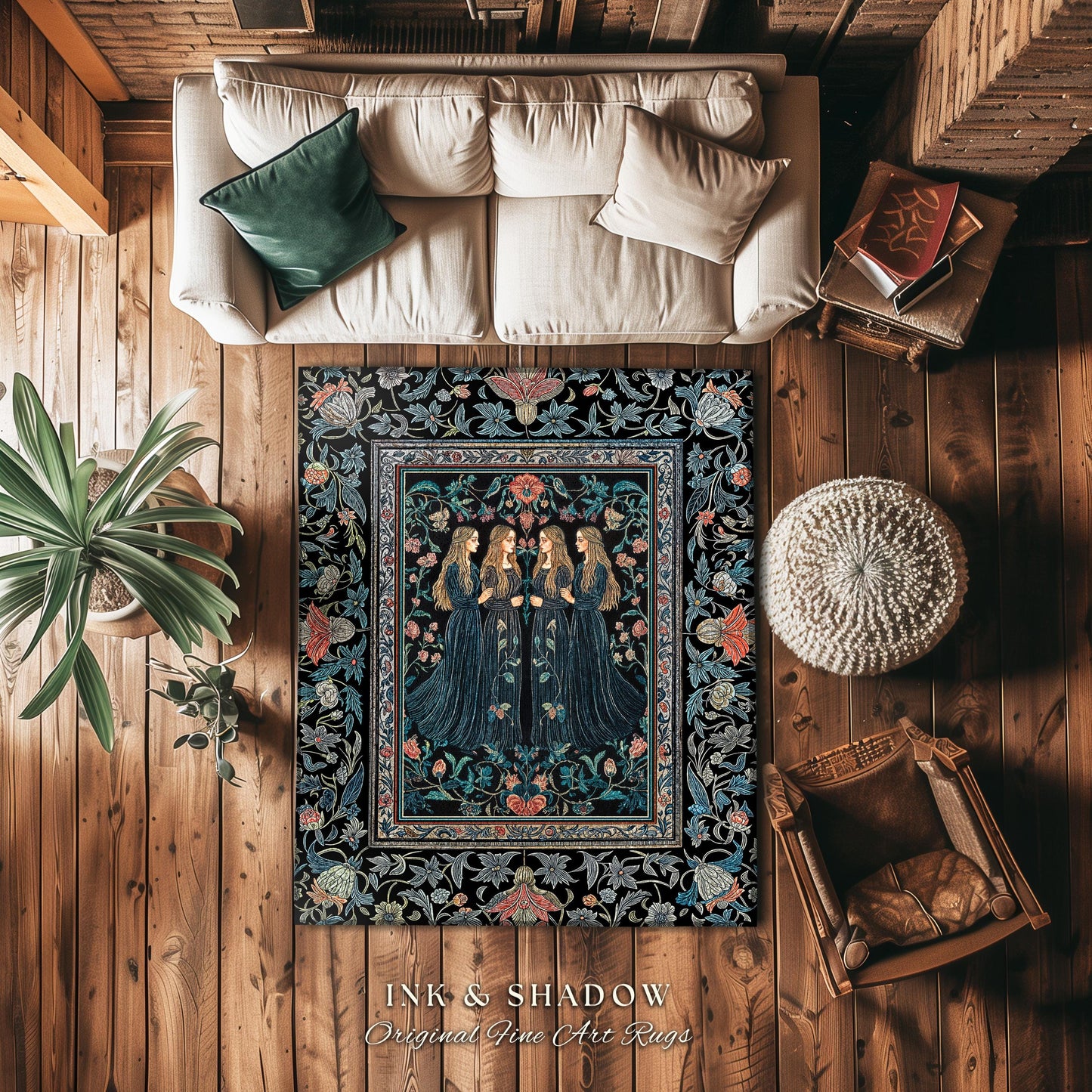 Elegant Medieval Storybook Area Rug | Ornate Botanical Enchantment Dark Gothic Romance Folk Art Renaissance Magic Aesthetic Bedroom Witchy |