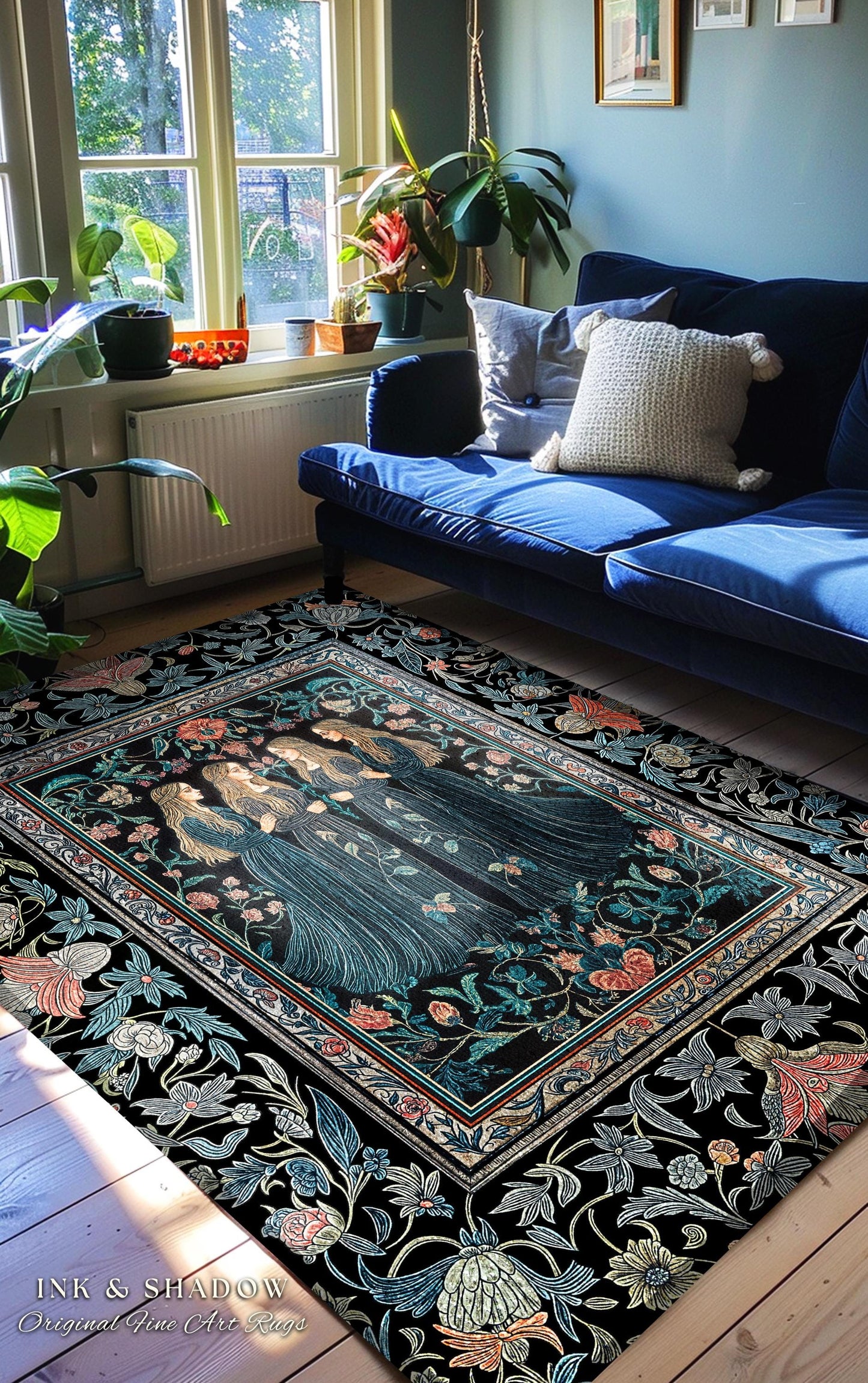 Elegant Medieval Storybook Area Rug | Ornate Botanical Enchantment Dark Gothic Romance Folk Art Renaissance Magic Aesthetic Bedroom Witchy |