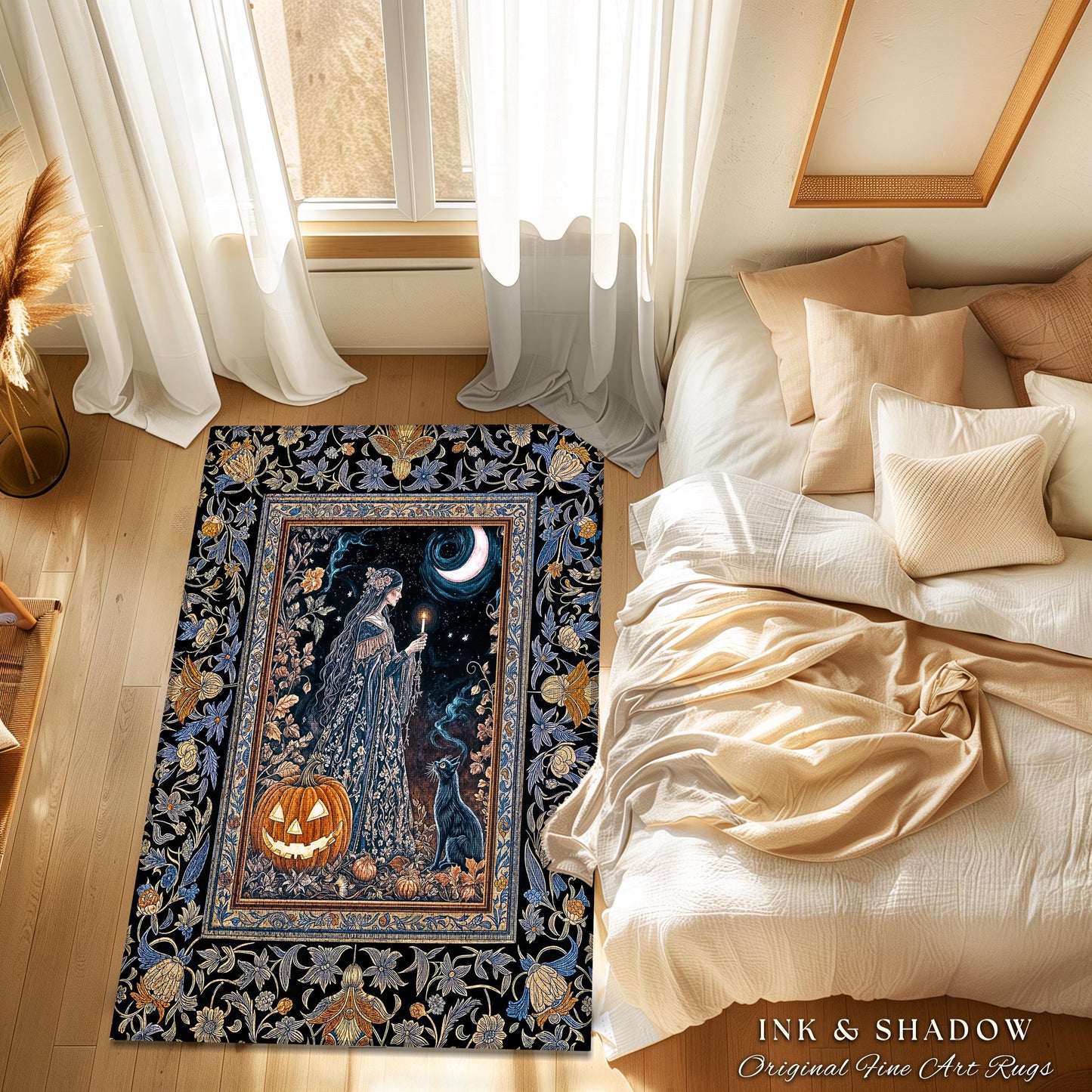Moonlit Jack-o-lantern Witch Accent Rug | Enchanted Forest Baroque Maiden Pastel Folklore Black Cat Celestial Aesthetic Halloween Bedroom |