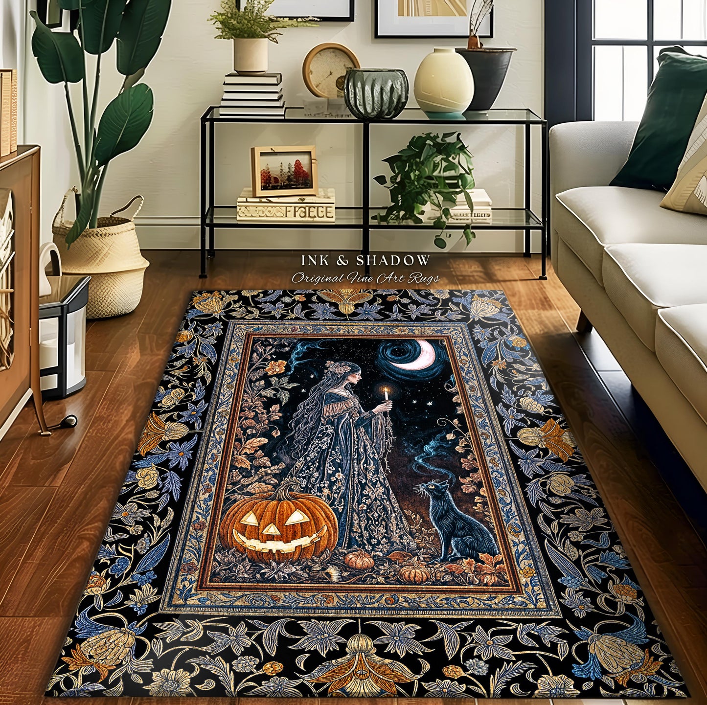 Moonlit Jack-o-lantern Witch Accent Rug | Enchanted Forest Baroque Maiden Pastel Folklore Black Cat Celestial Aesthetic Halloween Bedroom |