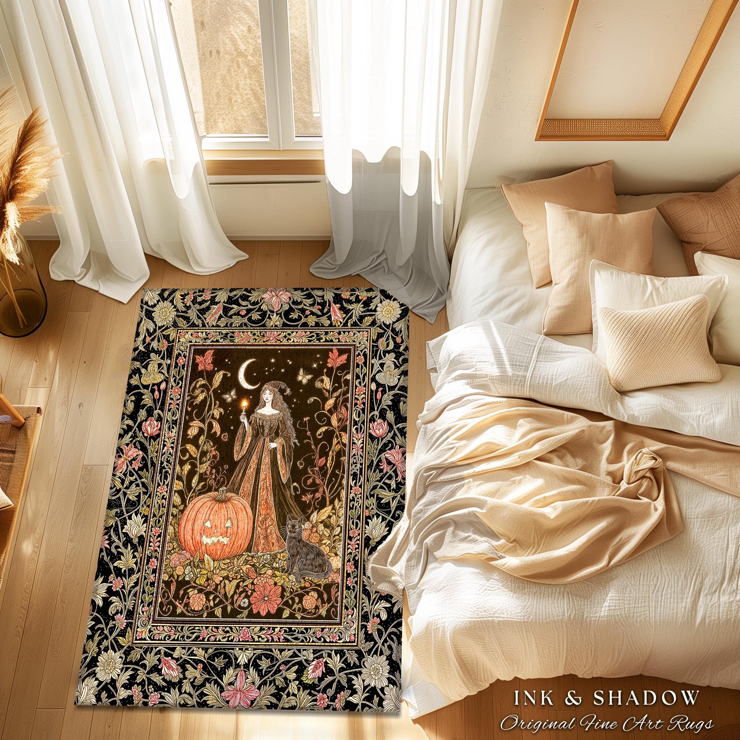 Midnight Sorcery Pumpkin Witch Rug | Medieval Aesthetic Bohemian Halloween Accent Rug Gothic Retro Halloween Style Folklore Black Cat Decor