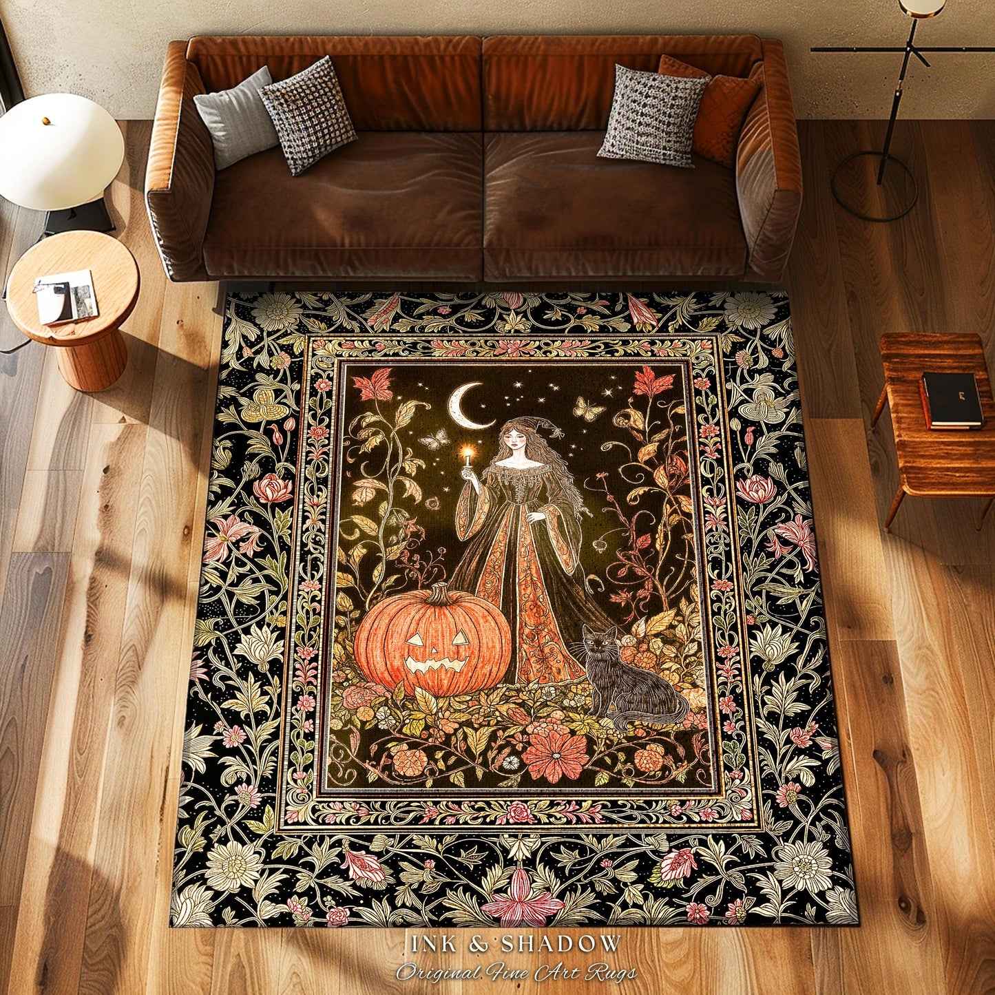 Midnight Sorcery Pumpkin Witch Rug | Medieval Aesthetic Bohemian Halloween Accent Rug Gothic Retro Halloween Style Folklore Black Cat Decor