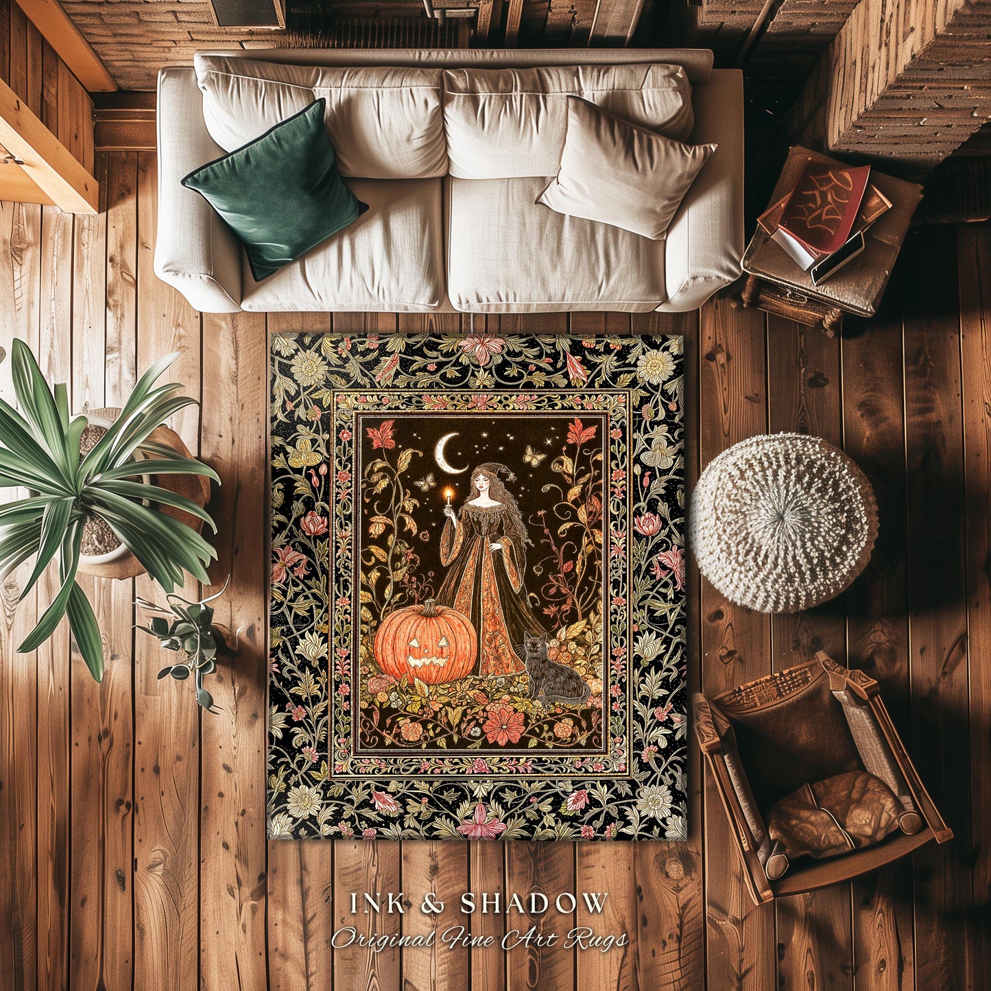 Midnight Sorcery Pumpkin Witch Rug | Medieval Aesthetic Bohemian Halloween Accent Rug Gothic Retro Halloween Style Folklore Black Cat Decor